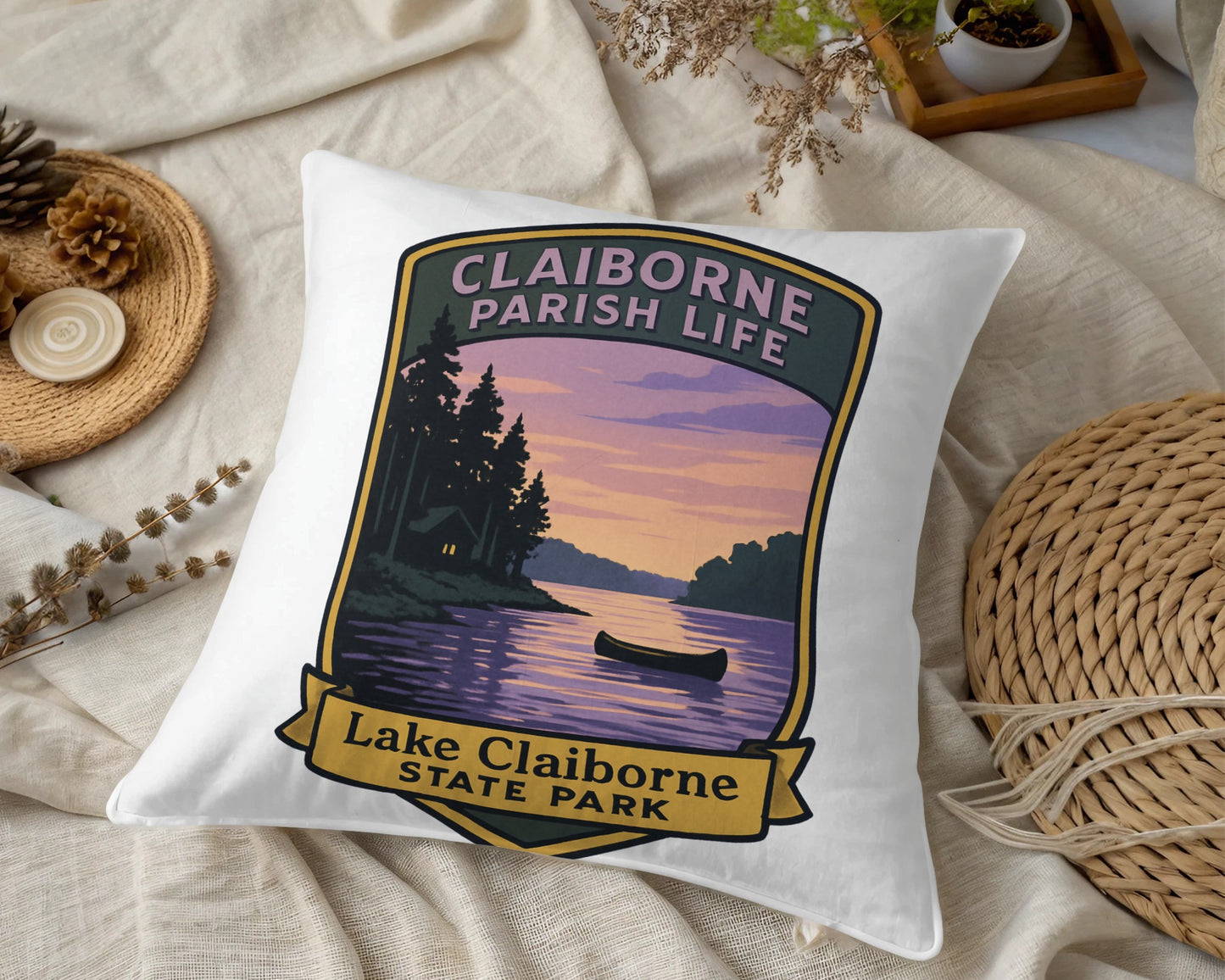 Lake Claiborne State Park Pillow Cover, Vintage Style Sunset Graphic, Home Decor Cushion