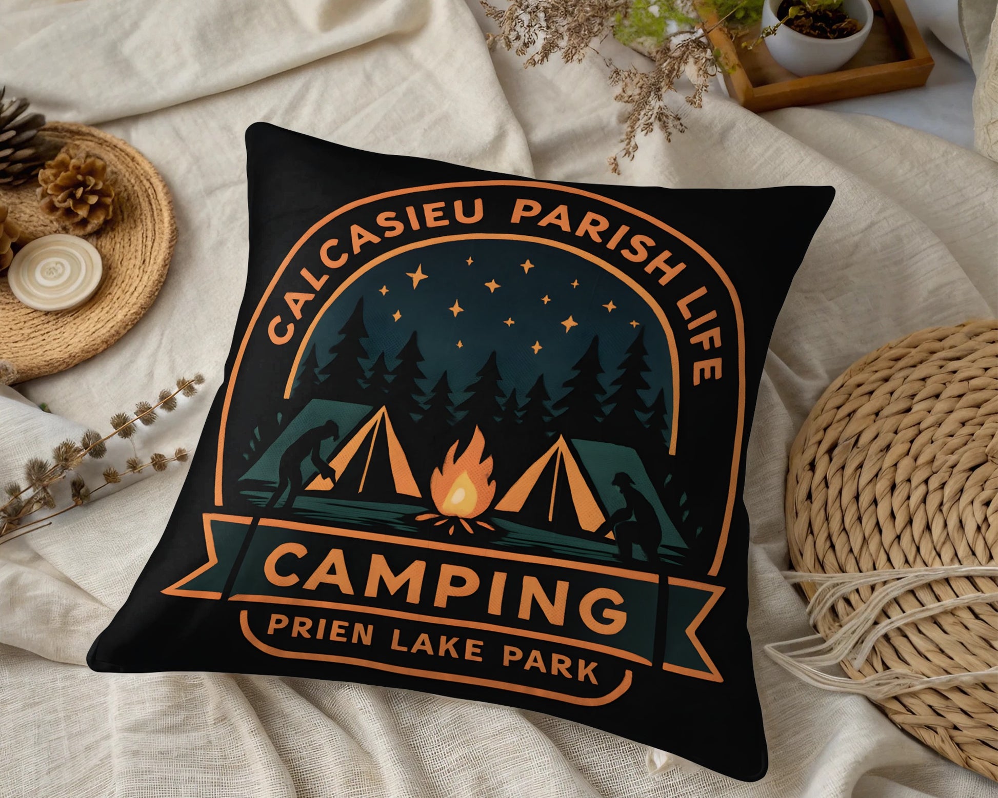 Calcasieu Parish Life Camping Pillow, Prien Lake Park Decorative Cushion, Outdoor Themed Home Accessory, Starry Night Design
