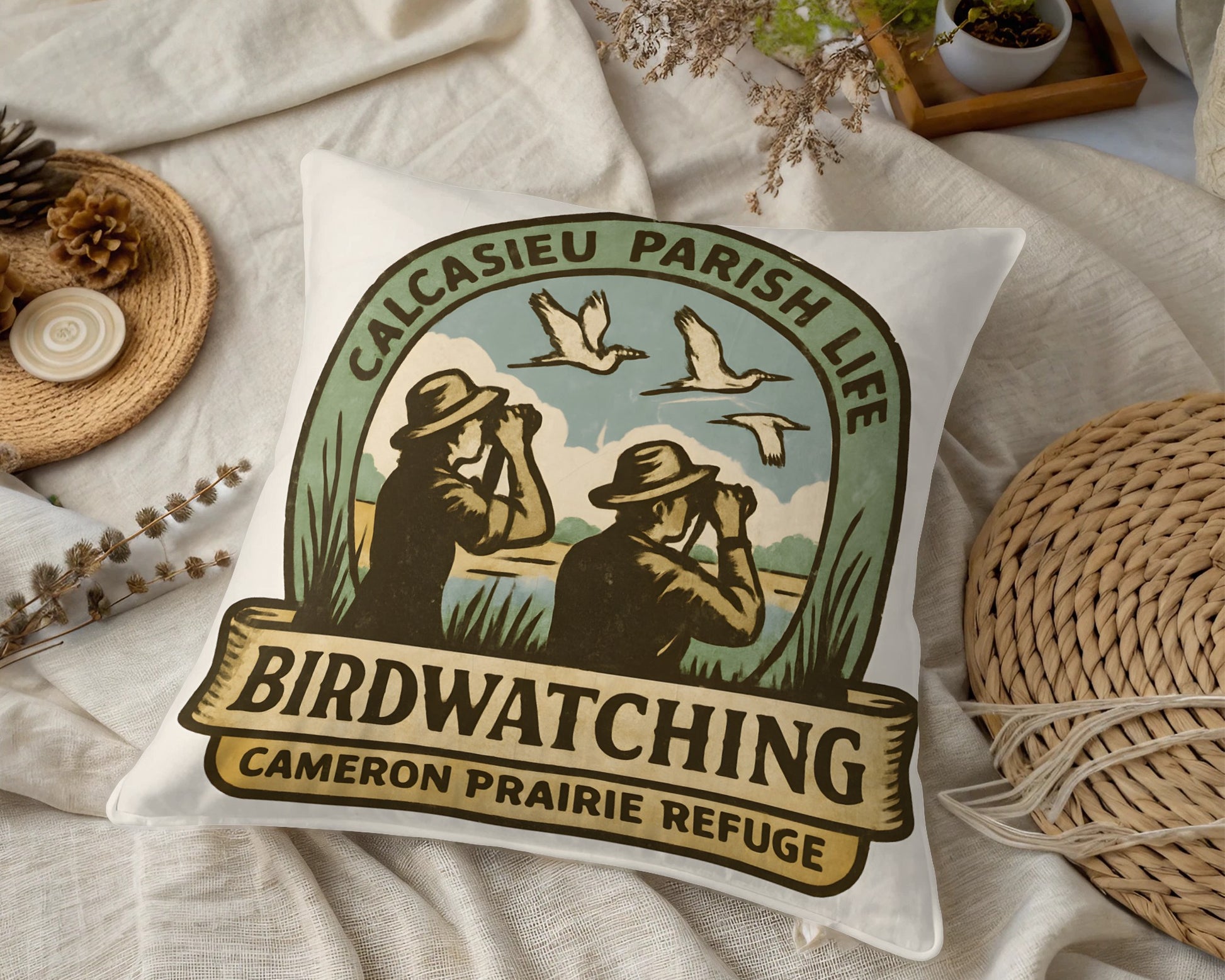 Vintage Birdwatching Pillow Cover, Calcasieu Parish Life, Cameron Prairie Refuge Decorative Throw Pillow, Unique Home Accessory