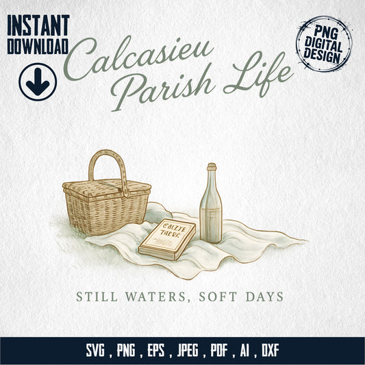 Calcasieu Parish Life Digital Download, svg, png, jpeg, ai, Instant Download, Rustic Picnic Basket and Bottle Design, Southern Charm Decor