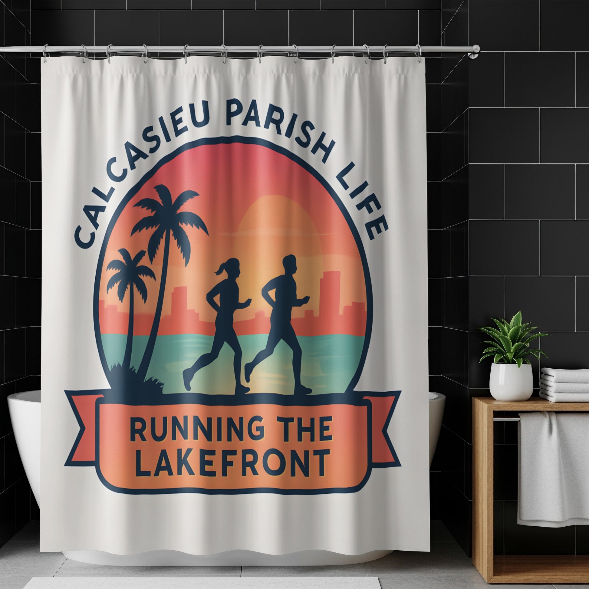 Calcasieu Parish Life Running the Lakefront Shower Curtain, Tropical Sunset Design, Bathroom Decor