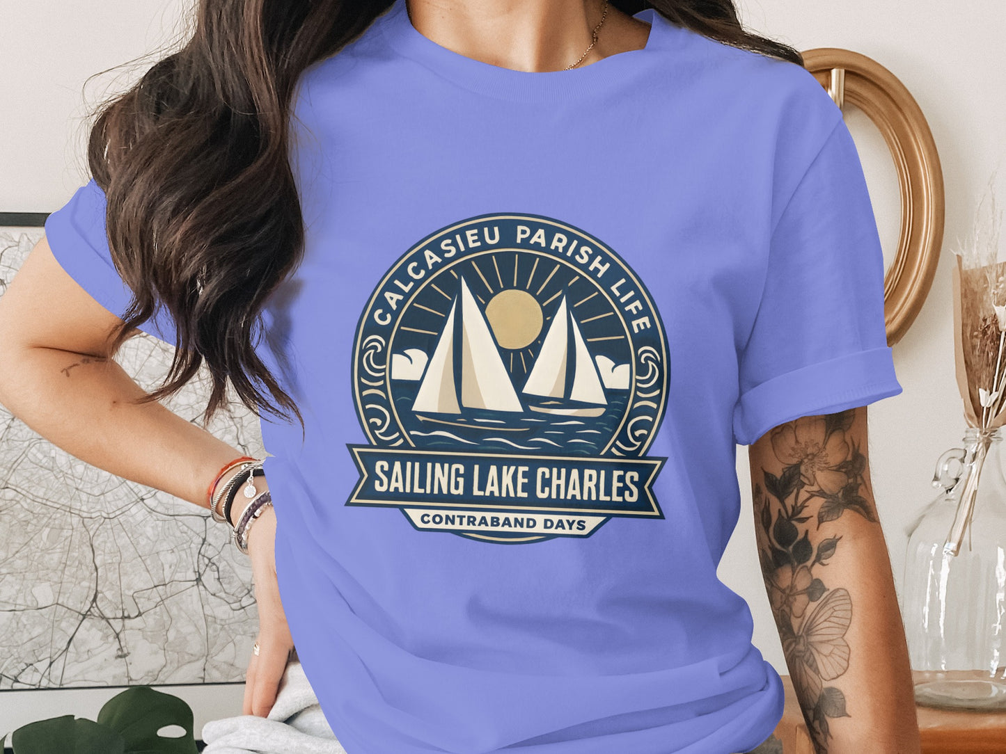 Calcasieu Parish Lake Charles Sailing T-Shirt, Contraband Days Festival Tee, Women's Casual Summer Top, Vibrant Blue Color