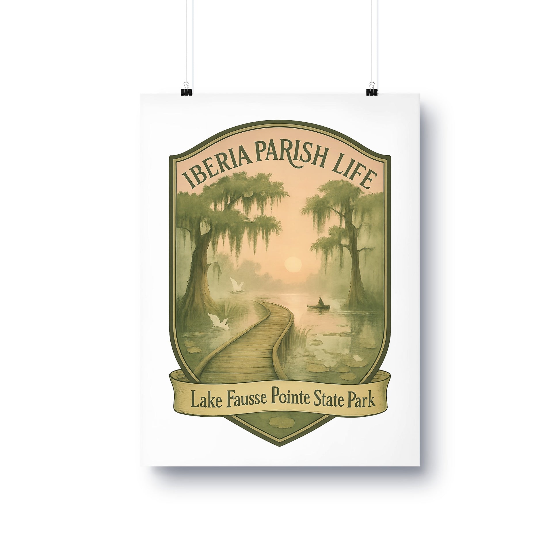 Vintage Iberia Parish Life Poster, Lake Fausse Pointe State Park Art Print, Southern Landscape Wall Decor, Swamp Scenery Illustration