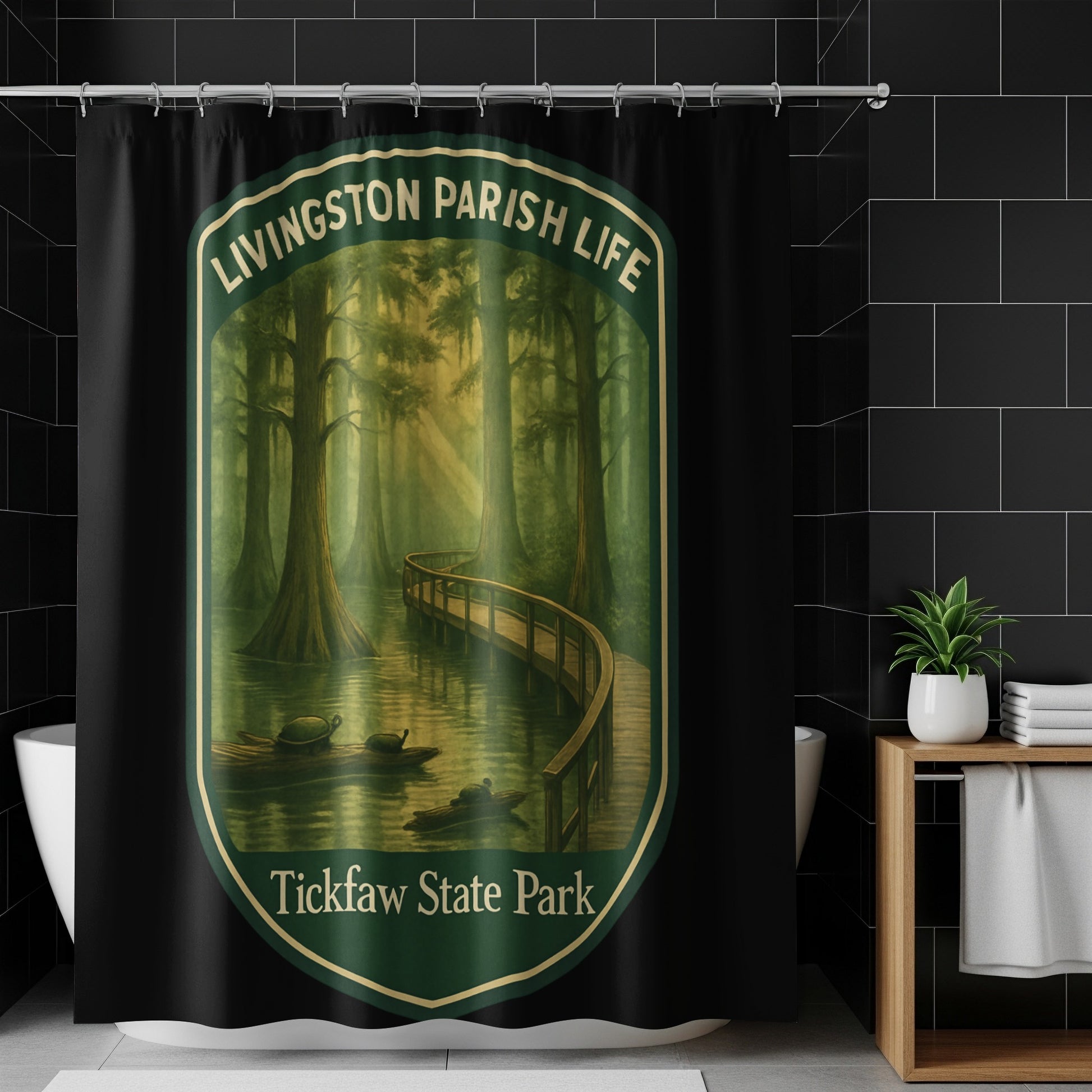 Livingston Parish Life Tickfaw State Park Shower Curtain, Forest Scene Bathroom Decor, Swampy Landscape Bath Accessory
