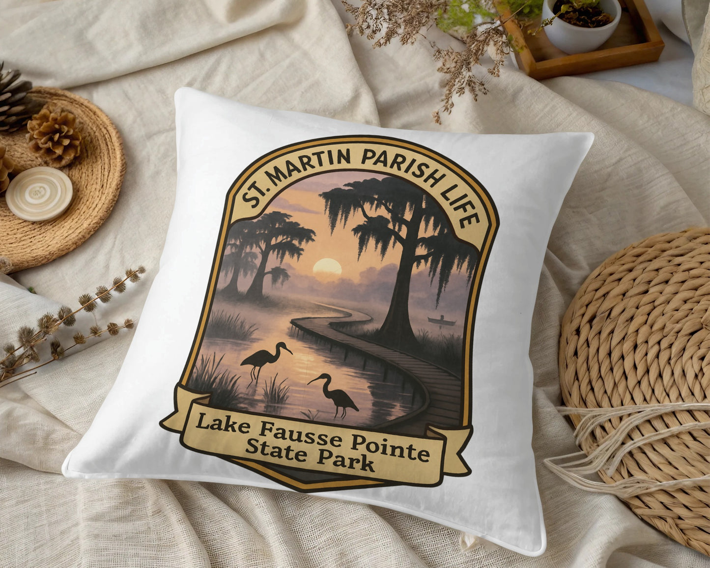 Lake Fausse Pointe State Park Pillow, St. Martin Parish Life, Sunset Scenery with Flamingos Decorative Throw Pillow for Home