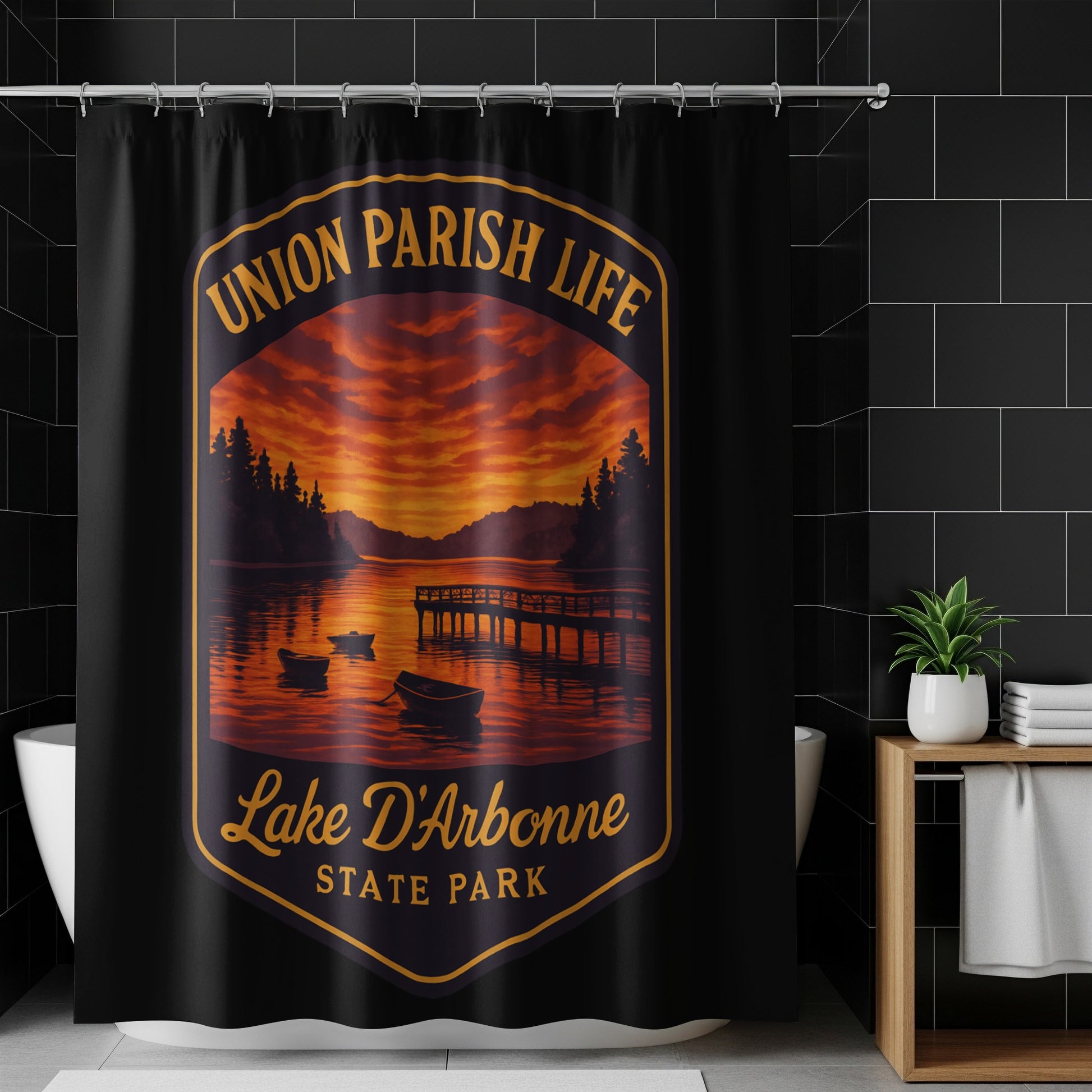 Union Parish Life Lake D'Arbonne State Park Shower Curtain, Sunset Scenic Bathroom Decor