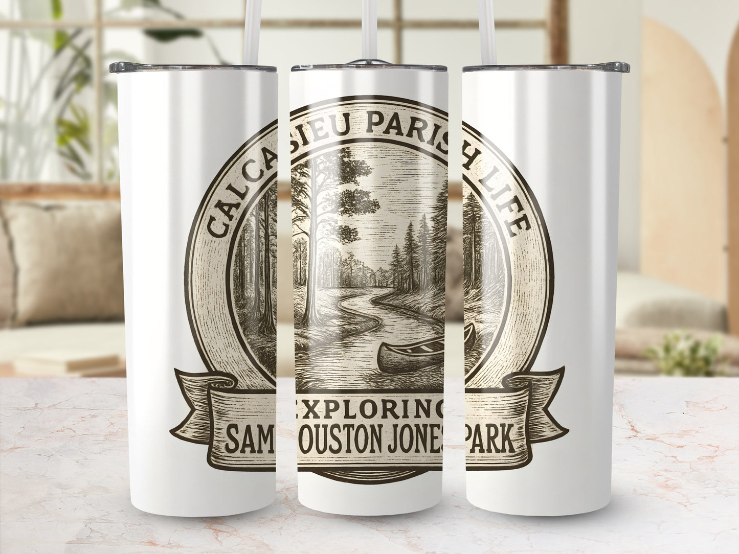 Custom Calcasieu Parish Tumbler, Sam Houston Jones Park Graphic, Stainless Steel Travel Mug, Nature Themed Drinkware