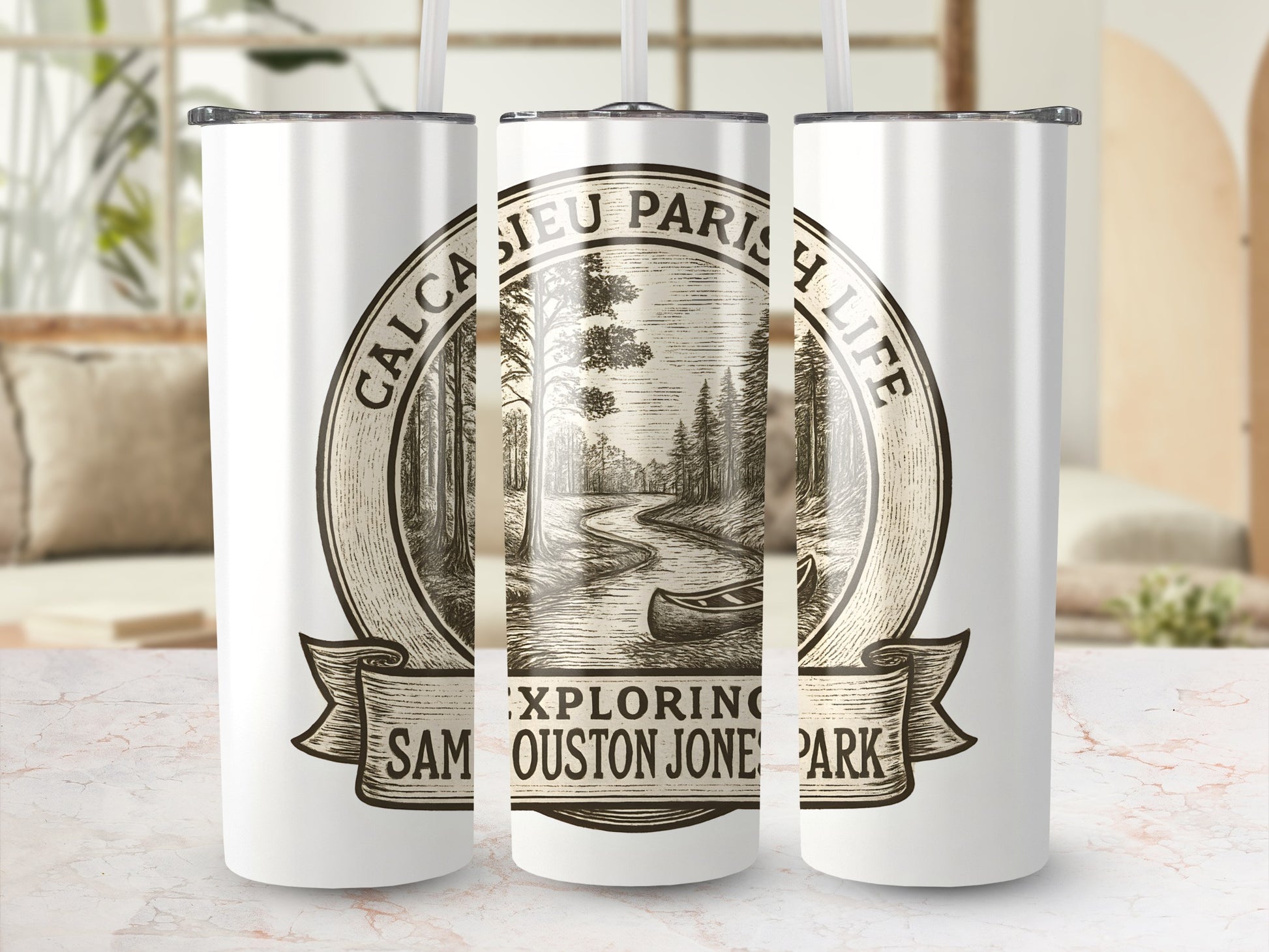 Custom Calcasieu Parish Tumbler, Sam Houston Jones Park Graphic, Stainless Steel Travel Mug, Nature Themed Drinkware