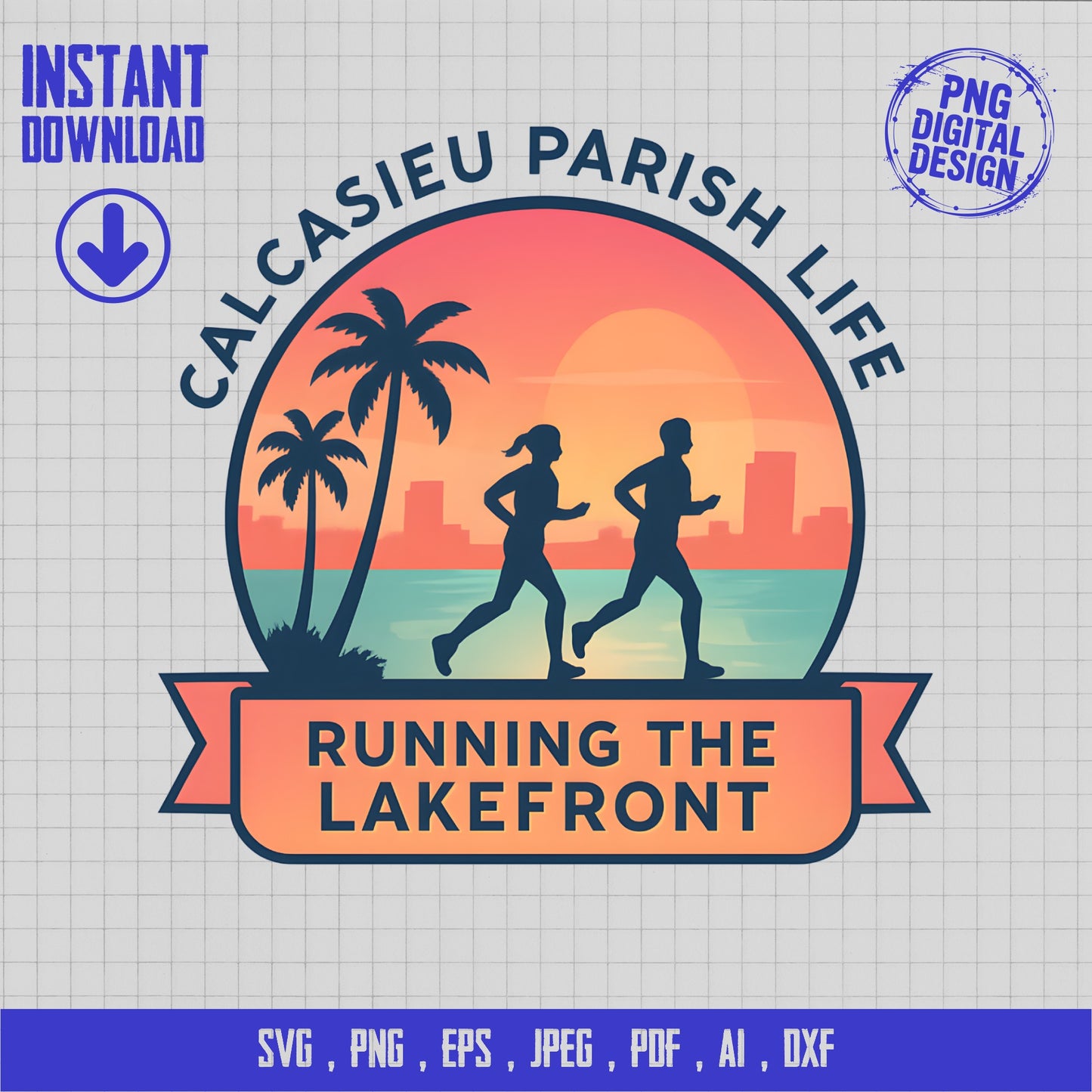 Calcasieu Parish Life Running Lakefront svg, Palm Trees Sunset Design, Digital Download Graphic, Tropical Cityscape Logo, Instant png, eps