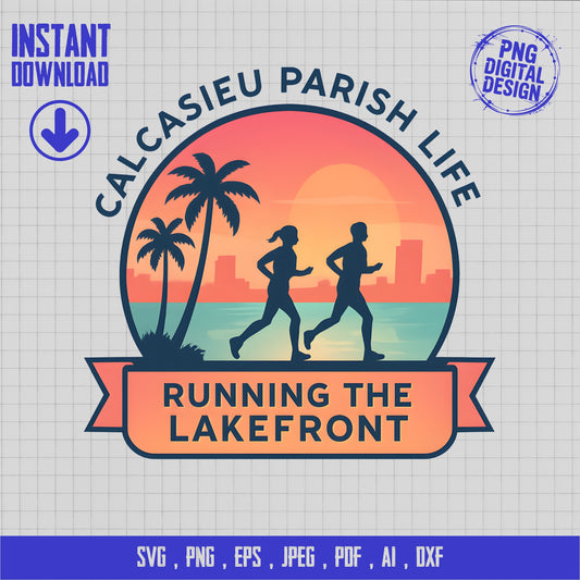 Calcasieu Parish Life Running Lakefront svg, Palm Trees Sunset Design, Digital Download Graphic, Tropical Cityscape Logo, Instant png, eps