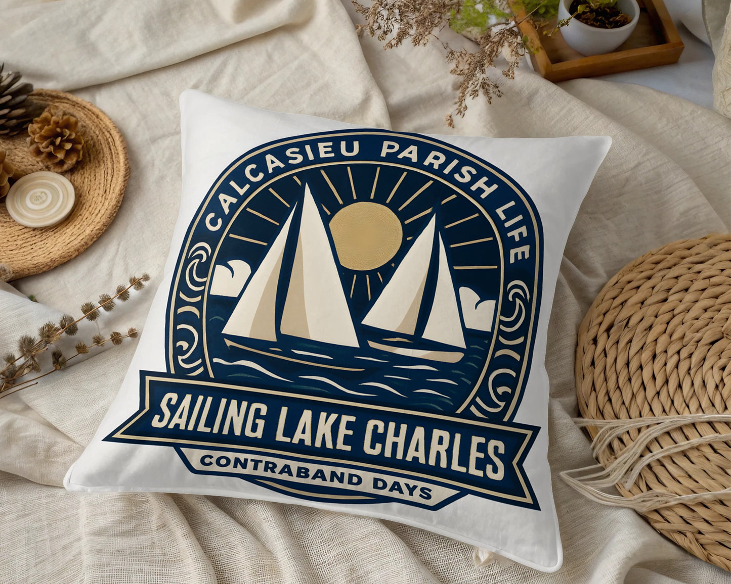 Calcasieu Parish Life Sailing Lake Charles Throw Pillow, Nautical Home Decor, Coastal Style Cushion, Contraband Days Festival Souvenir