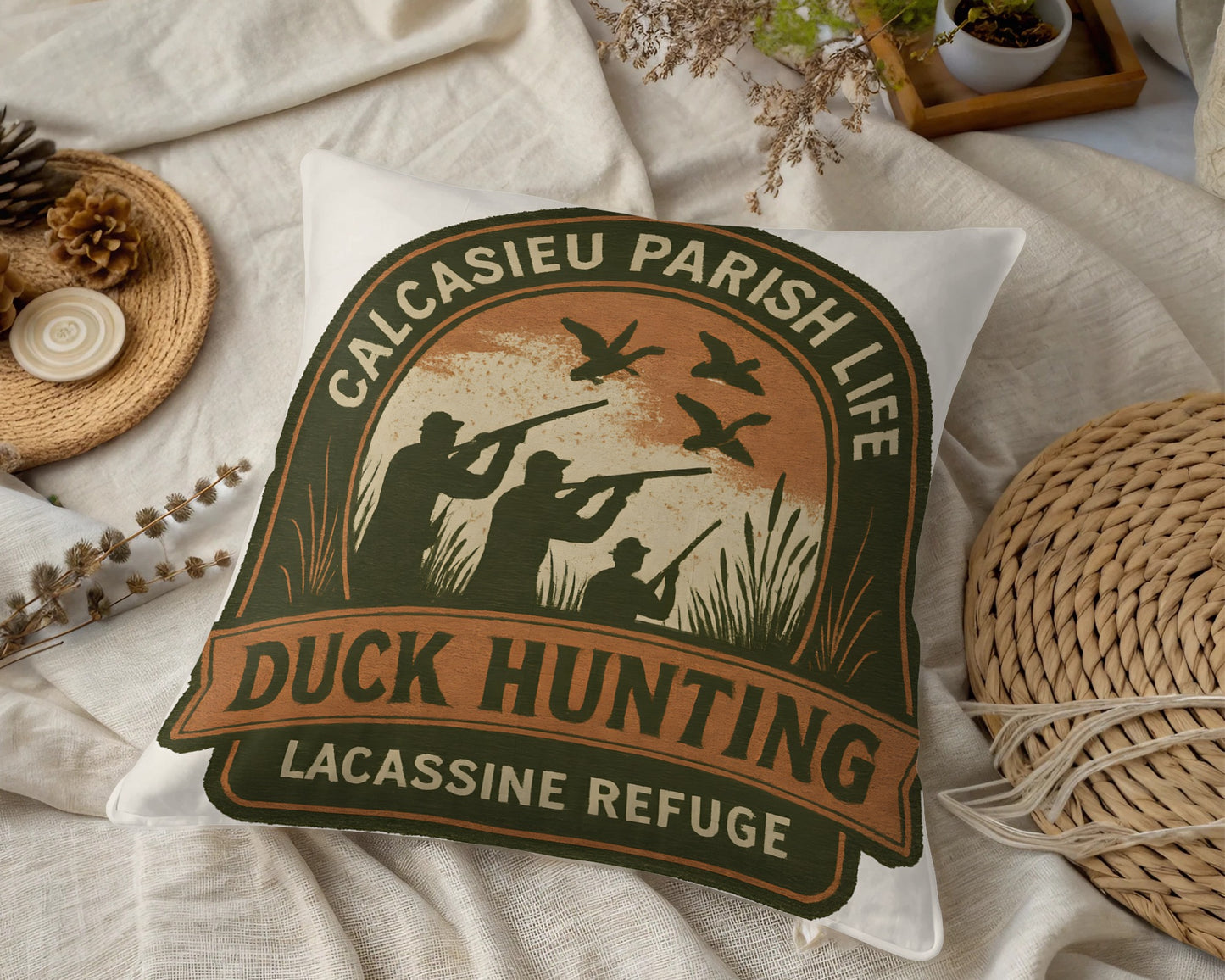 Vintage Duck Hunting Pillow Cover, Calcasieu Parish Life, Lacassine Refuge Decor, Rustic Cabin Throw Pillow, Outdoor Themed Cushion