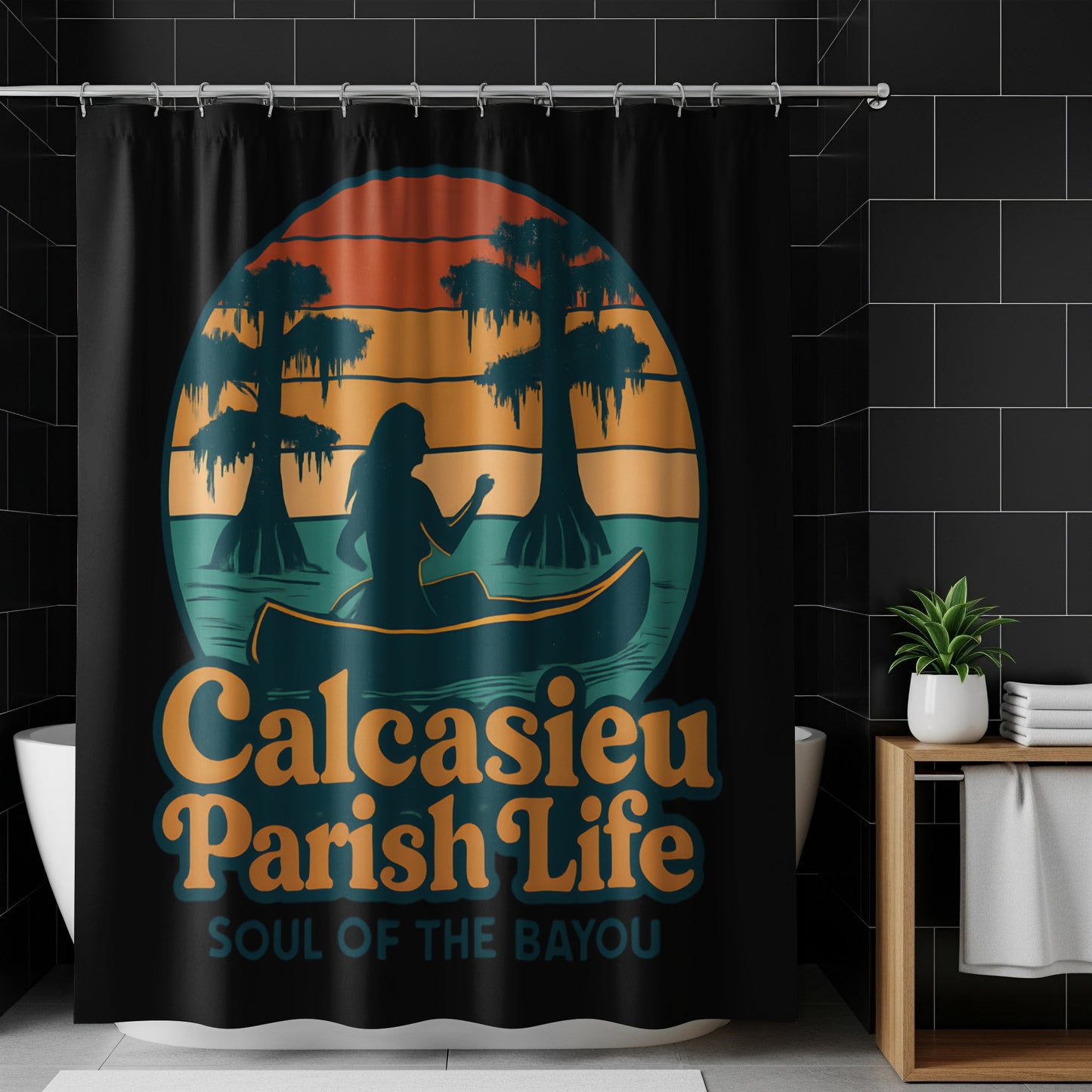 Calcasieu Parish Life Shower Curtain, Soul of the Bayou Design, Louisiana Themed Bathroom Decor, Swamp Scene Artwork