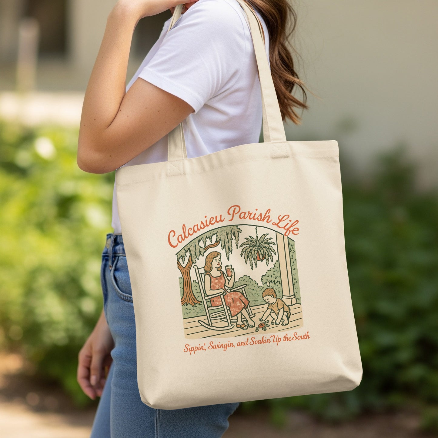 Calcasieu Parish Life Canvas Tote Bag, Vintage Illustration, Southern Lifestyle, Large Cotton Shopper, Unique Gift Idea, Artistic Carryall