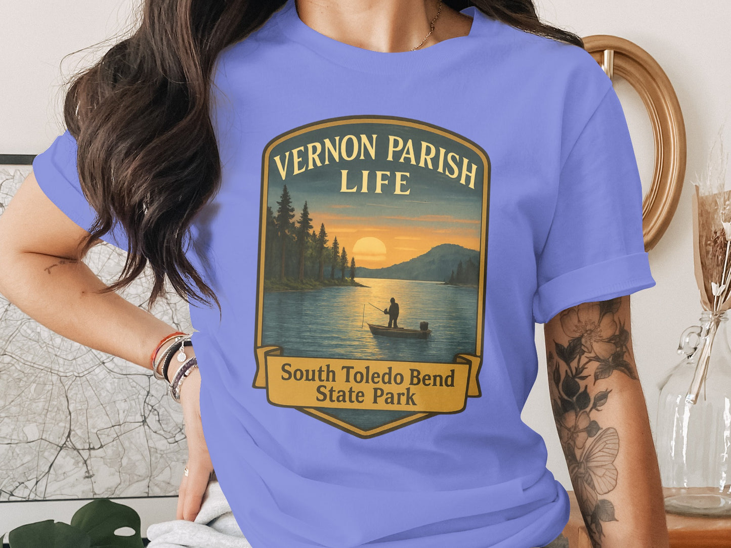 Vernon Parish Life Graphic T-Shirt, South Toledo Bend State Park Sunset Design, Casual Outdoor Wear, Unisex Cotton Tee