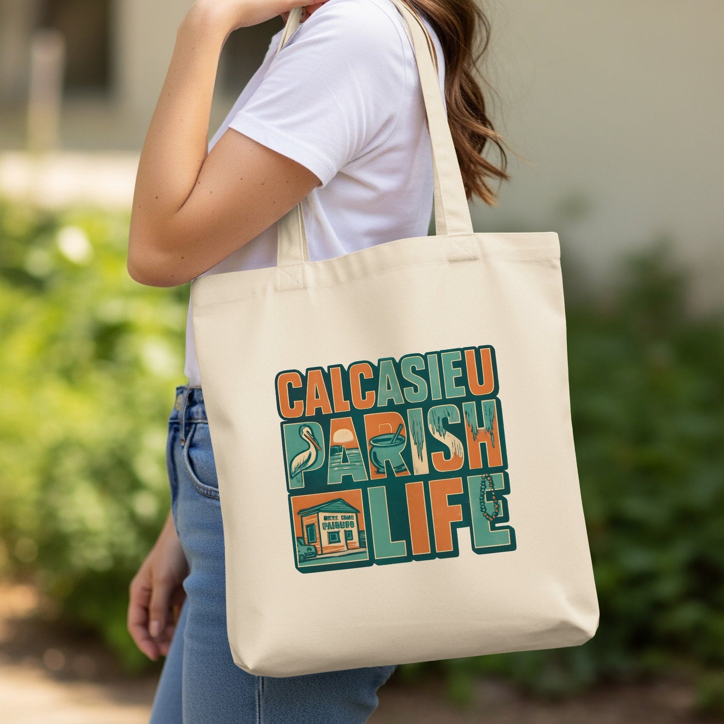 Calcasieu Parish Life Canvas Tote Bag, Large Cotton Shopper, Stylish Graphic Print, Durable Shoulder Bag, Eco-Friendly Reusable Grocery Bag