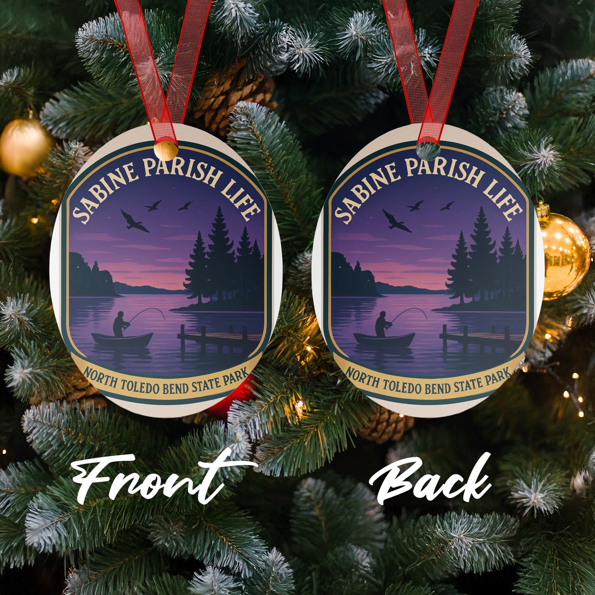 Sabine Parish Life Christmas Ornament, North Toledo State Park Fishing Scene, Dual-Sided Holiday Decoration, Festive Tree Decor