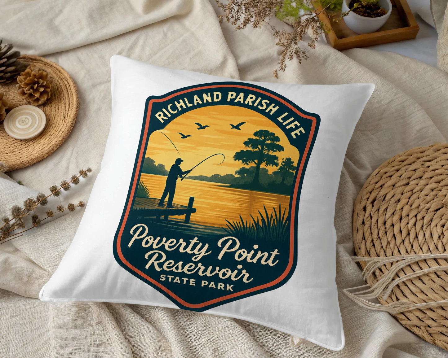 Richland Parish Life Poverty Point Reservoir Pillow, State Park Fishing Sunset Decorative Throw Pillow Cover, Nature Theme Home Decor