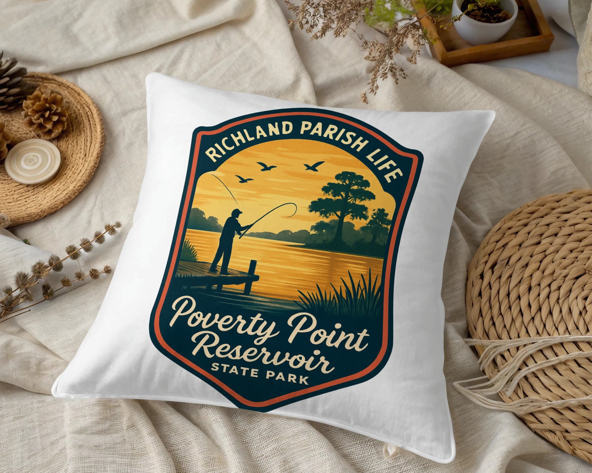 Richland Parish Life Poverty Point Reservoir Pillow, State Park Fishing Sunset Decorative Throw Pillow Cover, Nature Theme Home Decor