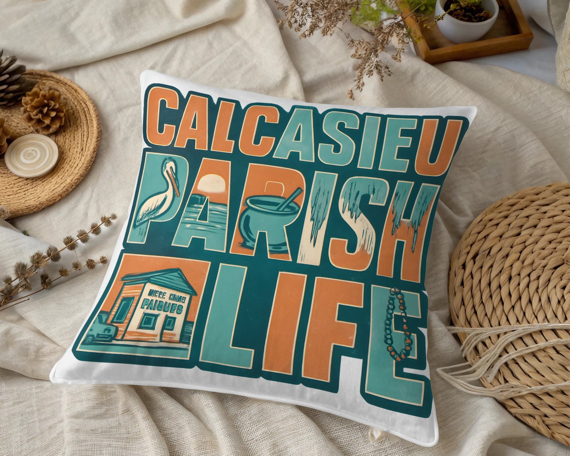 Calcasieu Parish Life Themed Pillow, Vintage Style Home Decor, Louisiana Inspired Cushion