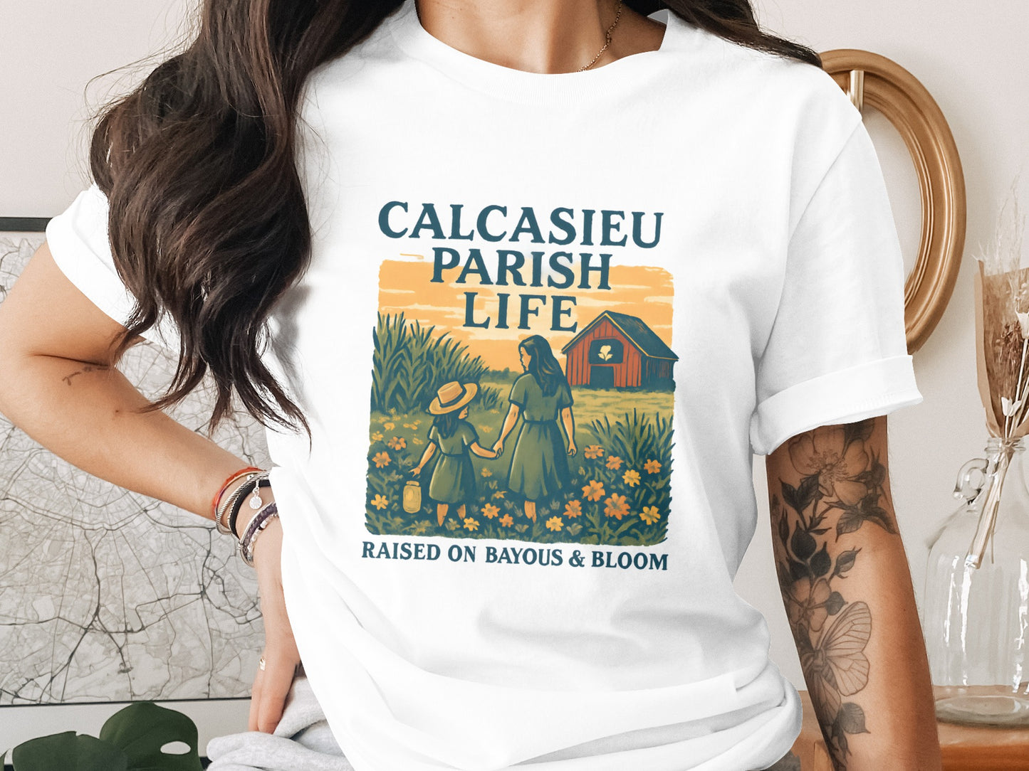 Calcasieu Parish Life T-Shirt, Raised on Bayous and Bloom, Vintage Style Graphic Tee, Rural Lifestyle Fashion, Southern Charm Apparel