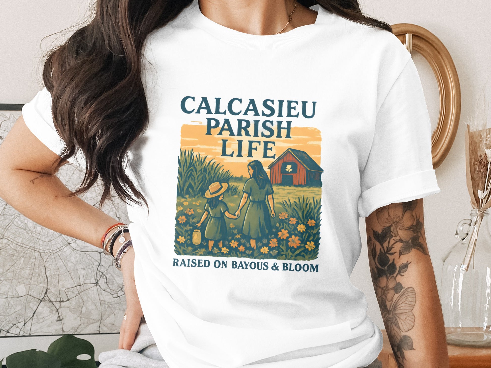Calcasieu Parish Life T-Shirt, Raised on Bayous and Bloom, Vintage Style Graphic Tee, Rural Lifestyle Fashion, Southern Charm Apparel