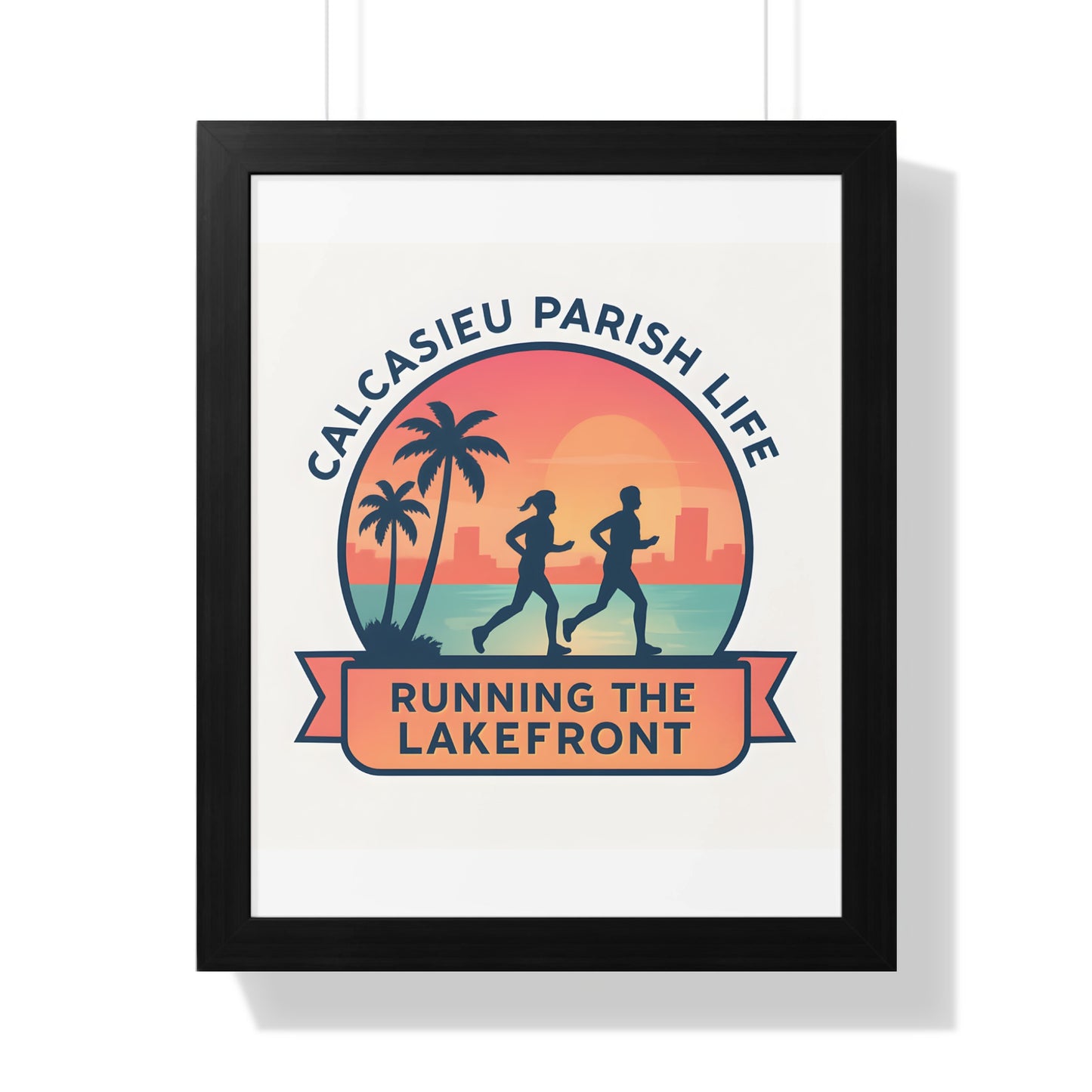 Calcasieu Parish Life Running Lakefront Poster, Vintage Sunset Runners Art, Framed Wall Decor for Home and Office