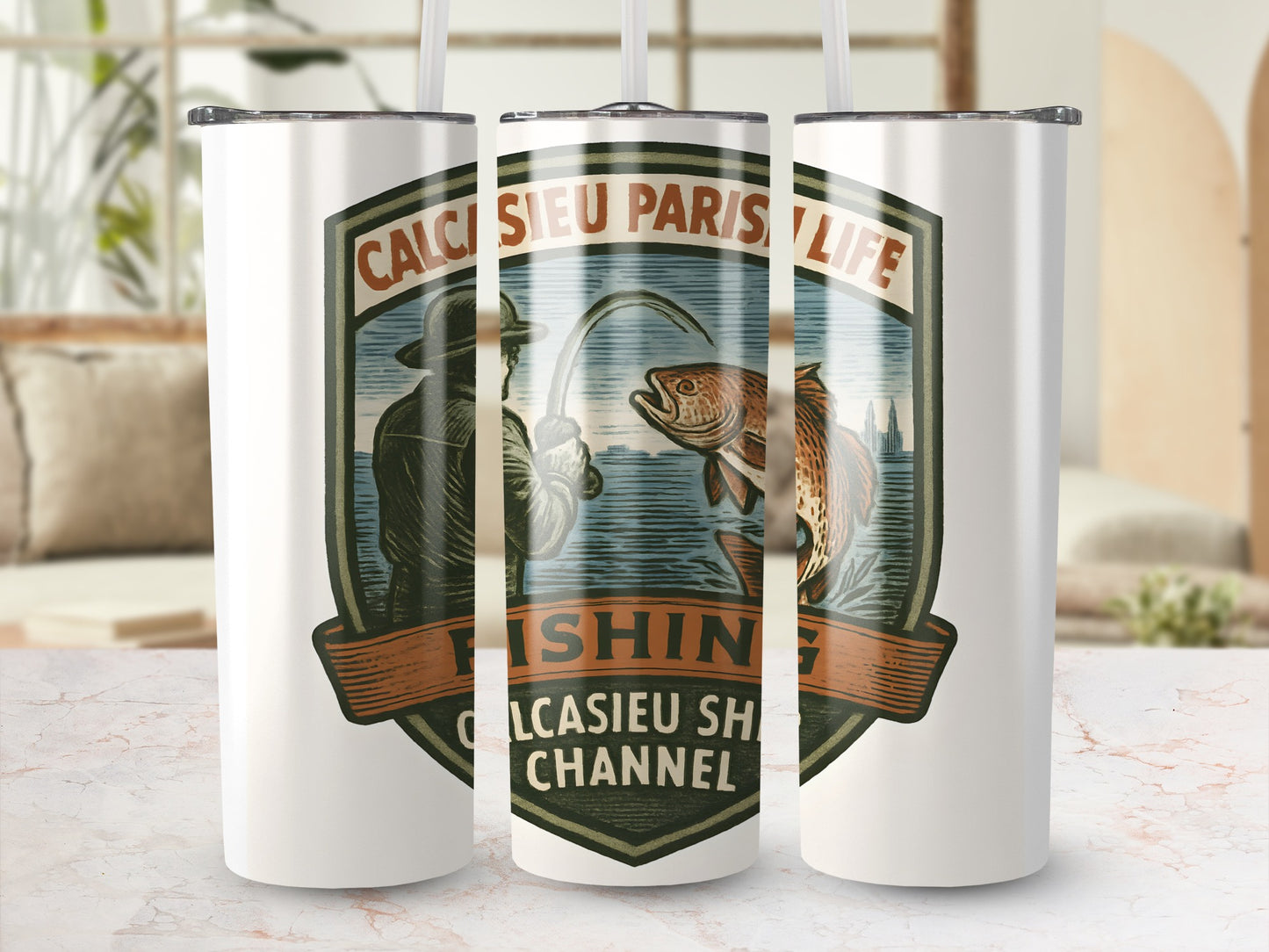 Vintage Fishing Tumbler, Calcasieu Channel Insulated Cup, Rustic Fish Design Travel Mug, Unique Angler Gift, Stainless Steel Drinkware