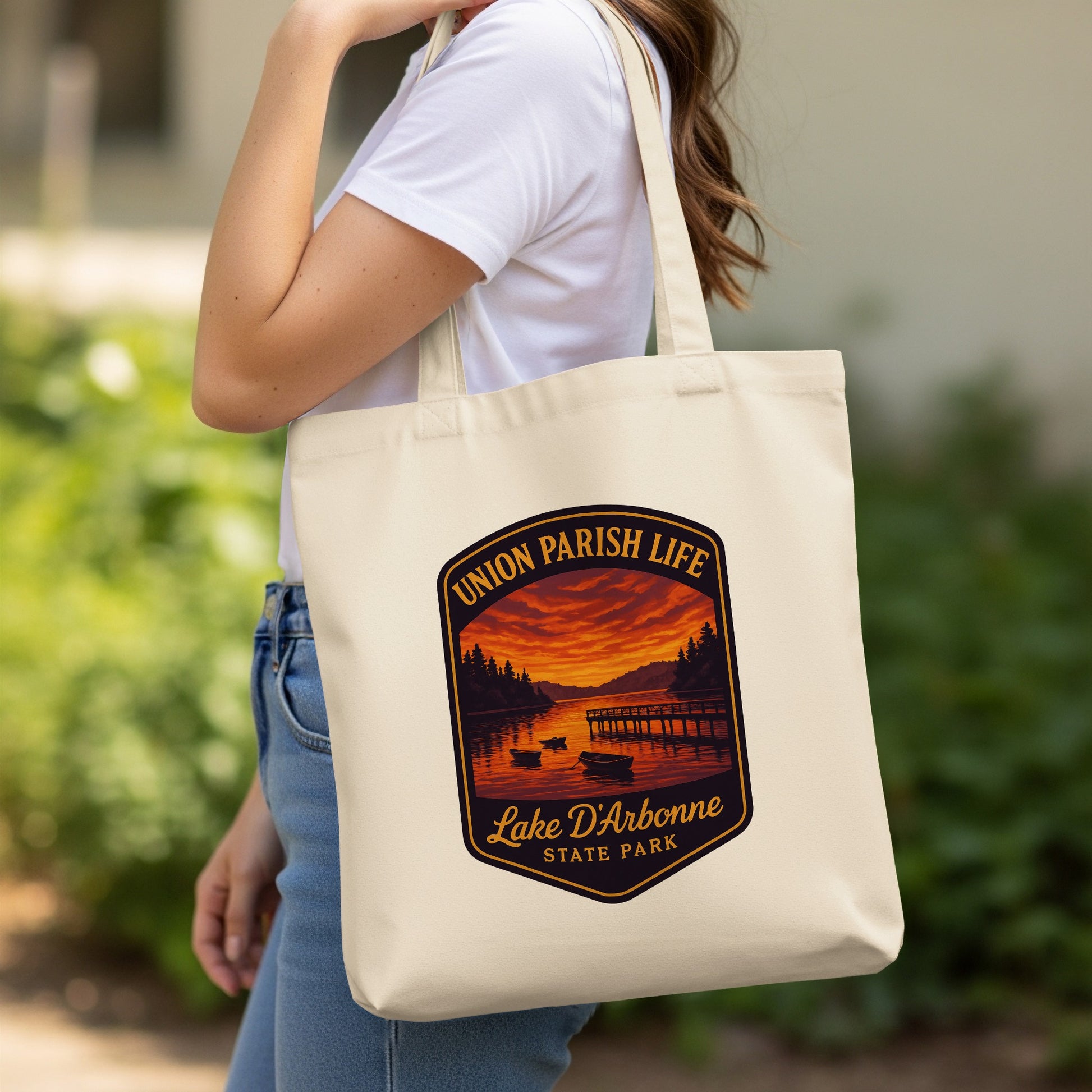 Union Parish Life Canvas Tote Bag, Lake D'Arbonne State Park Graphic, Eco-friendly Reusable Shopping Bag, Large Cotton Shoulder Bag