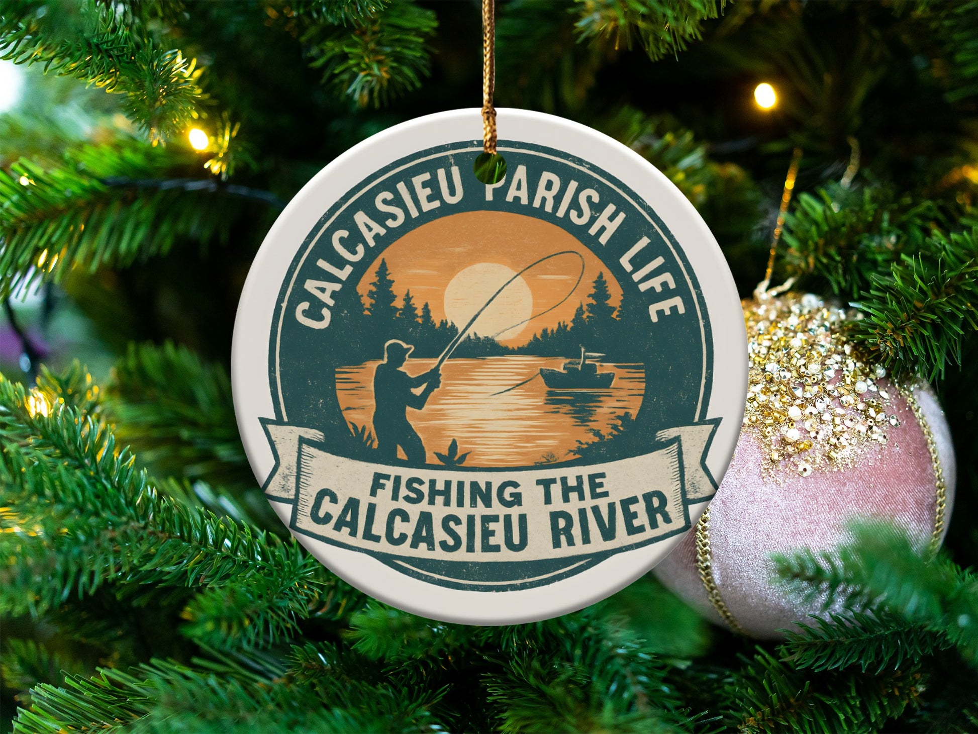 Calcasieu River Life Fishing Ornament, Round Christmas Tree Decor, Holiday Season Fishing Gift, Unique Tree Decoration