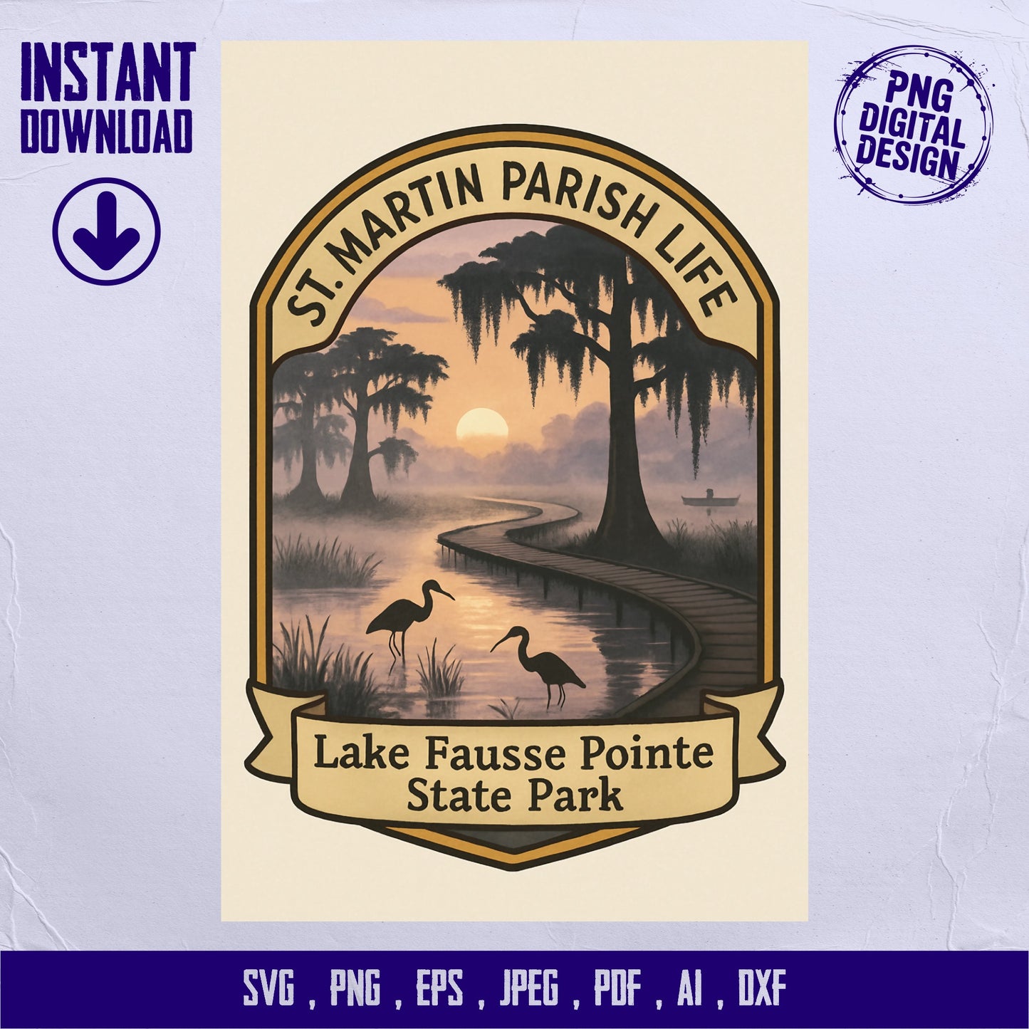 St. Martin Parish Life Lake Park svg, Sunset Silhouette Cranes Digital Download, eps, png, jpeg, ai, dxf Files for Crafting and Design