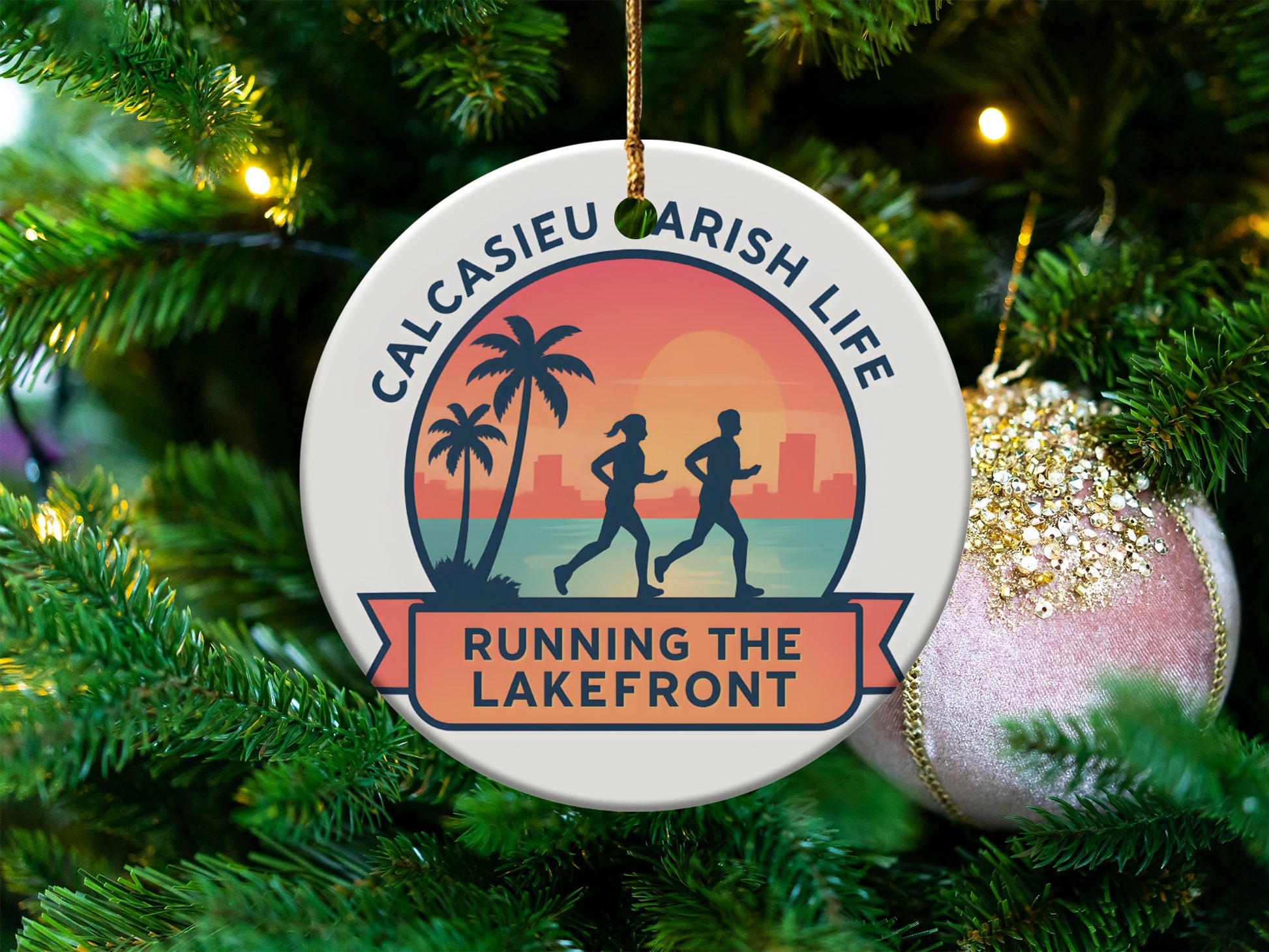 Calcasieu Parish Life Custom Christmas Ornament, Running the Lakefront Holiday Decor, Unique Tree Decoration, Festive Seasonal Gift