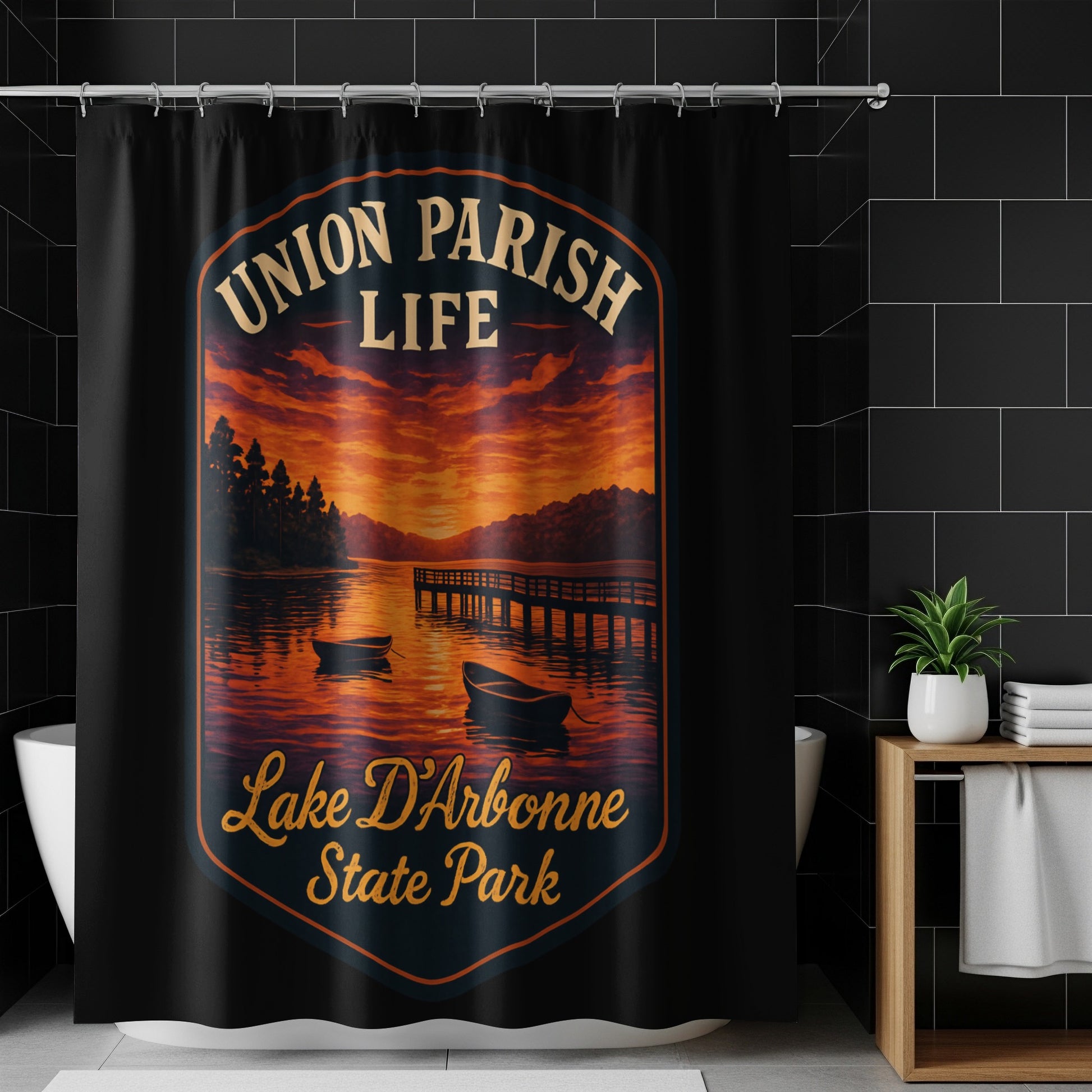 Union Parish Life Shower Curtain, Lake D'Arbonne State Park Sunset Scene, Decorative Bathroom Accessory