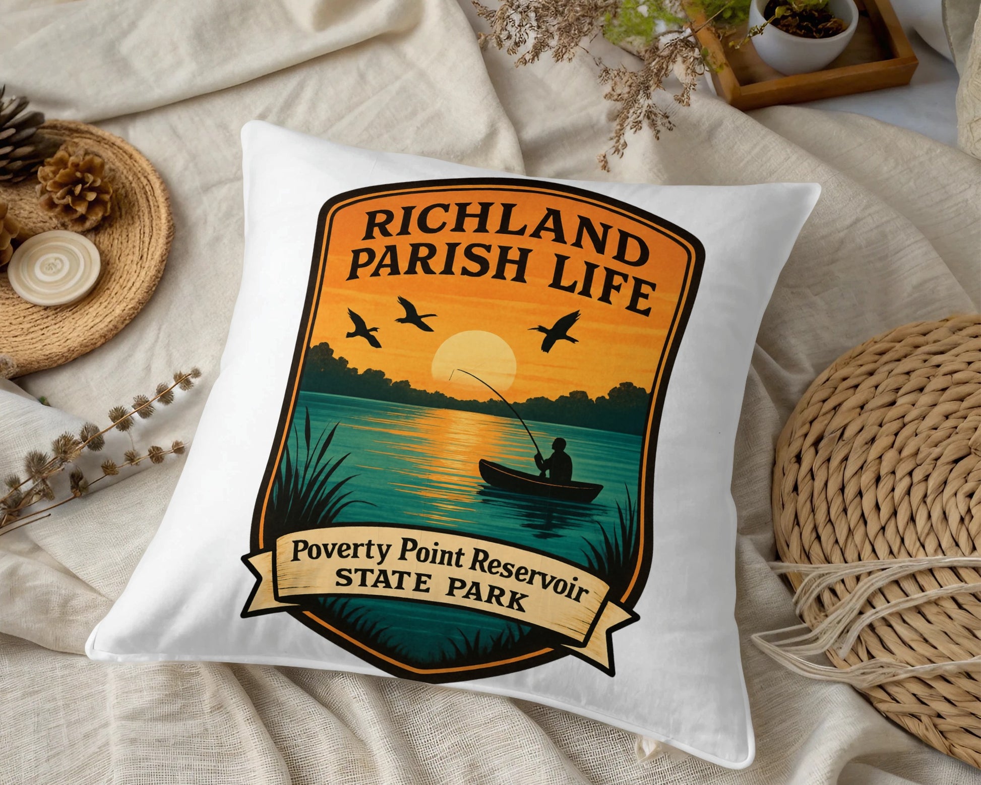 Richland Parish Life Throw Pillow, Poverty Point Reservoir State Park Design, Sunset Scenery, Decorative Cushion