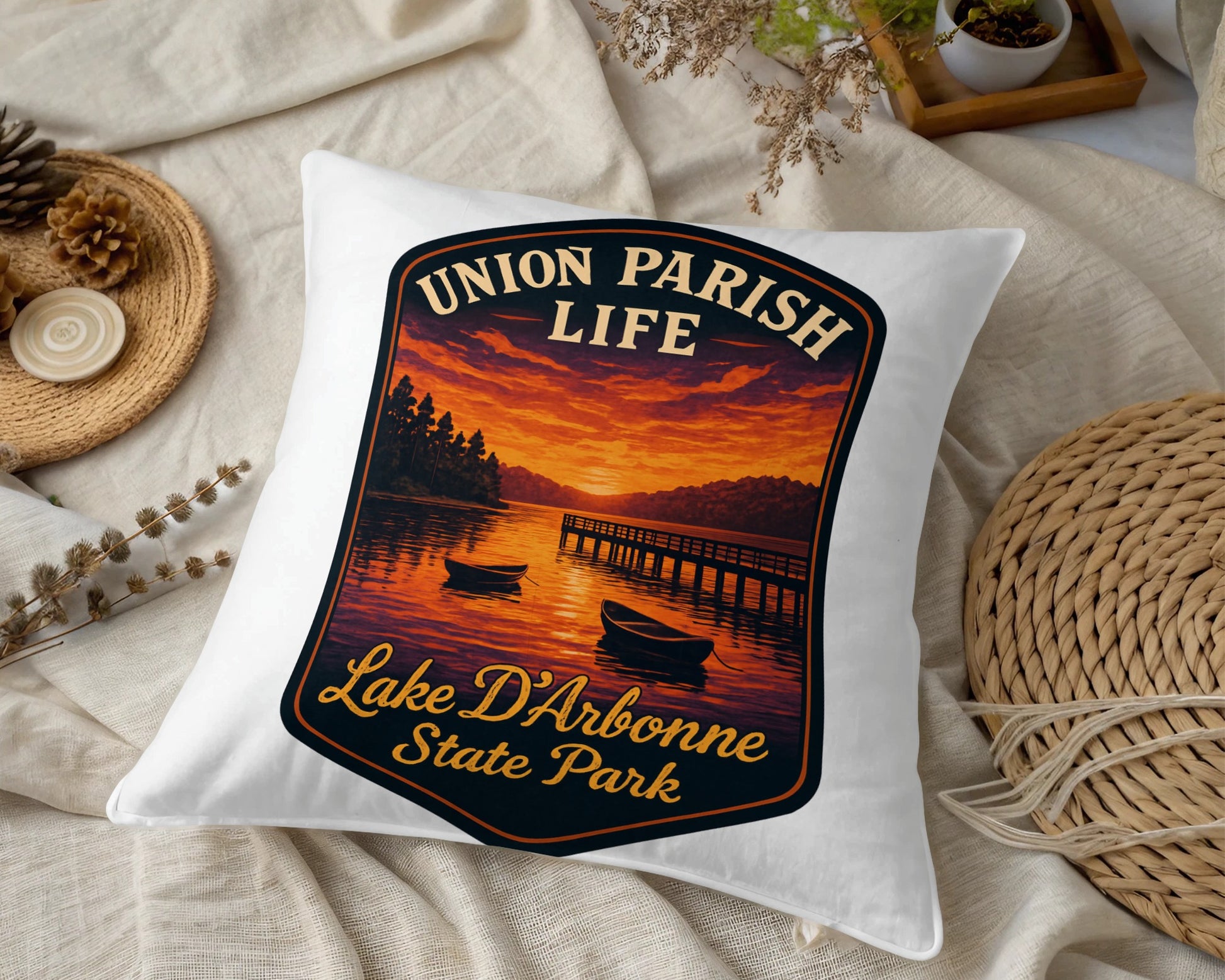 Union Parish Life Lake D'Arbonne State Park Sunset Pillow Cover, Rustic Home Decor