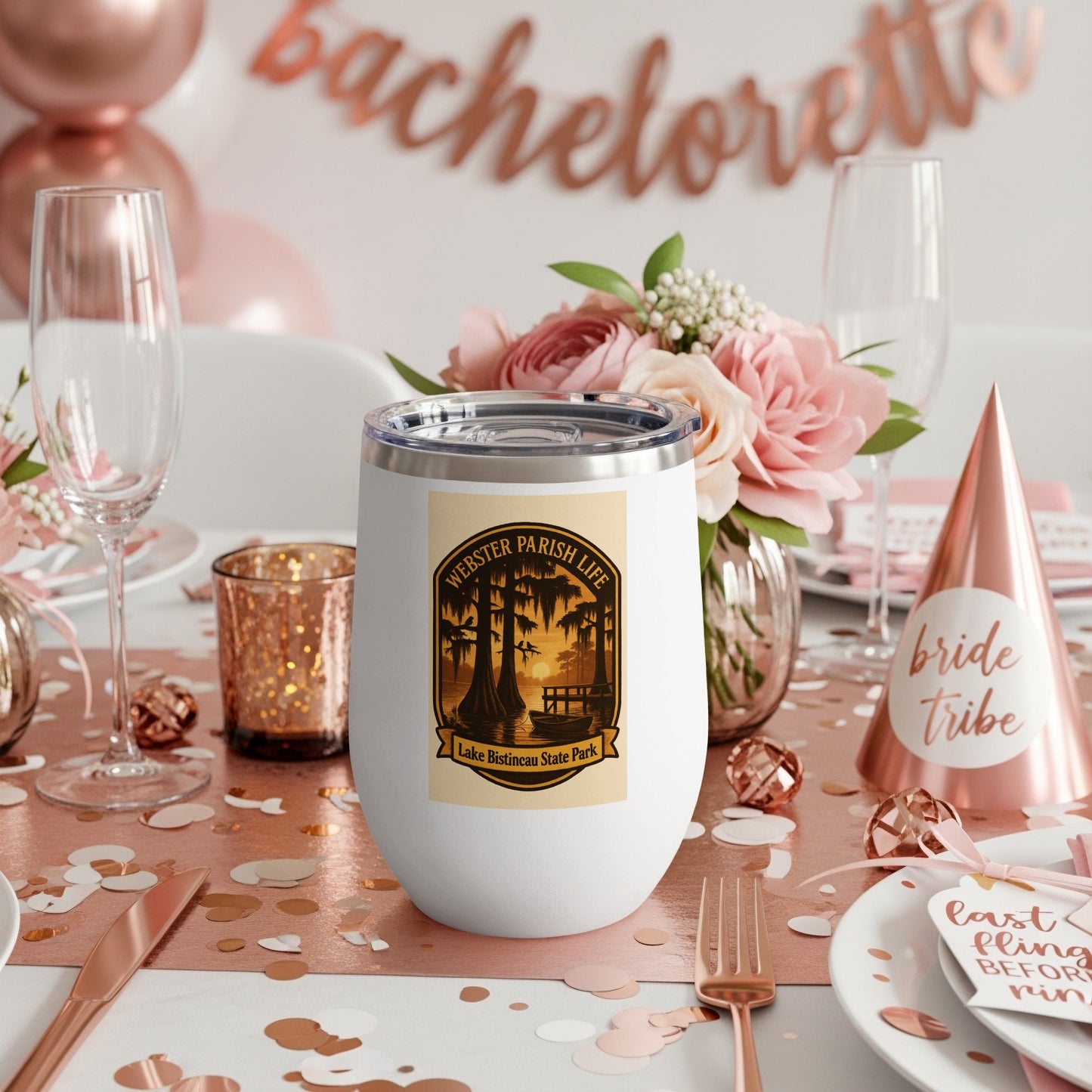 Bachelorette Party Insulated Wine Tumbler, Stainless Steel Cup, Bride Tribe Gift, Personalized Camping Design, Rose Gold Table Decor