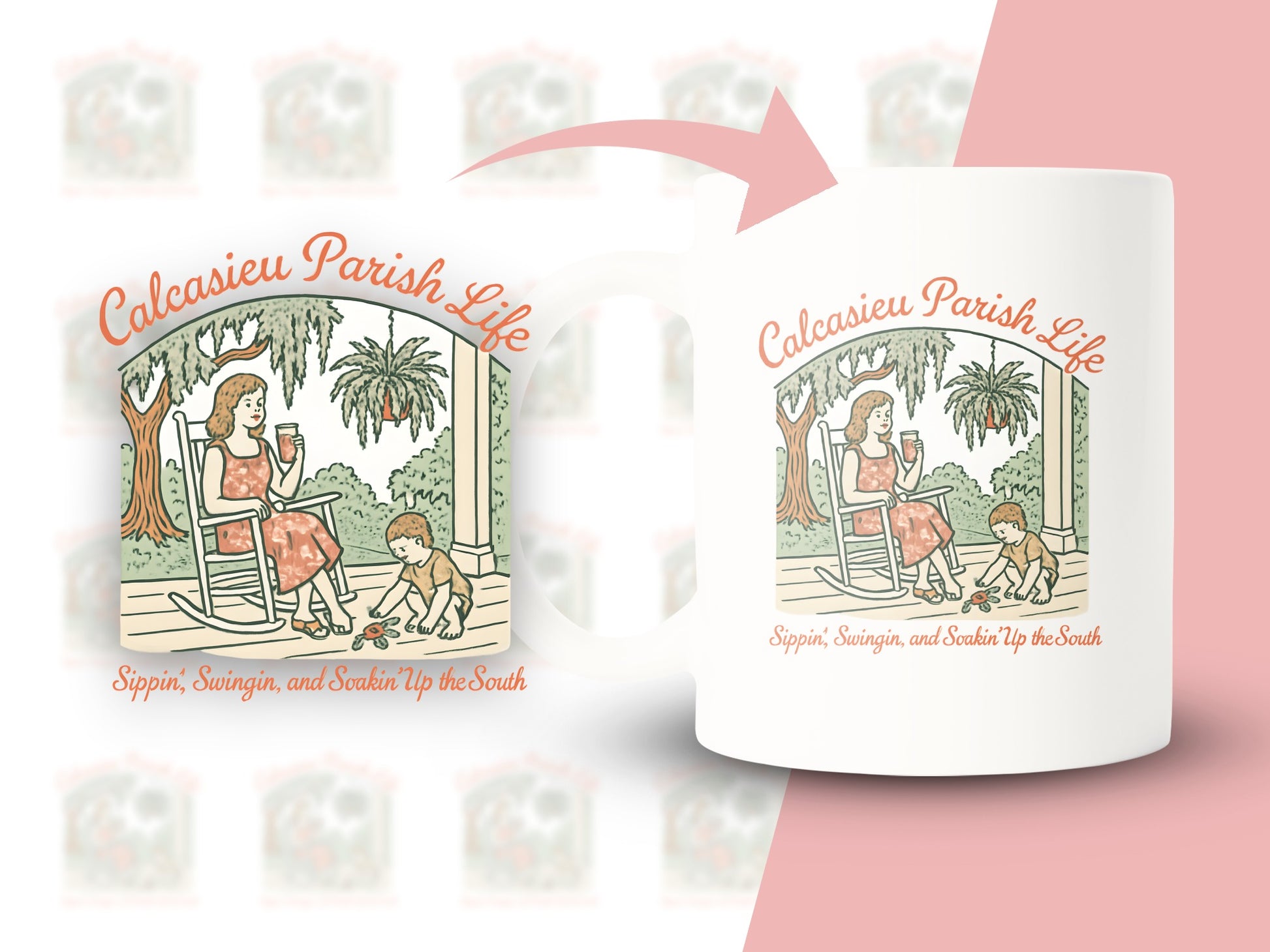 Calcasieu Parish Life Mug, Southern Lifestyle, Sippin, Swingin, Illustrated Coffee Cup