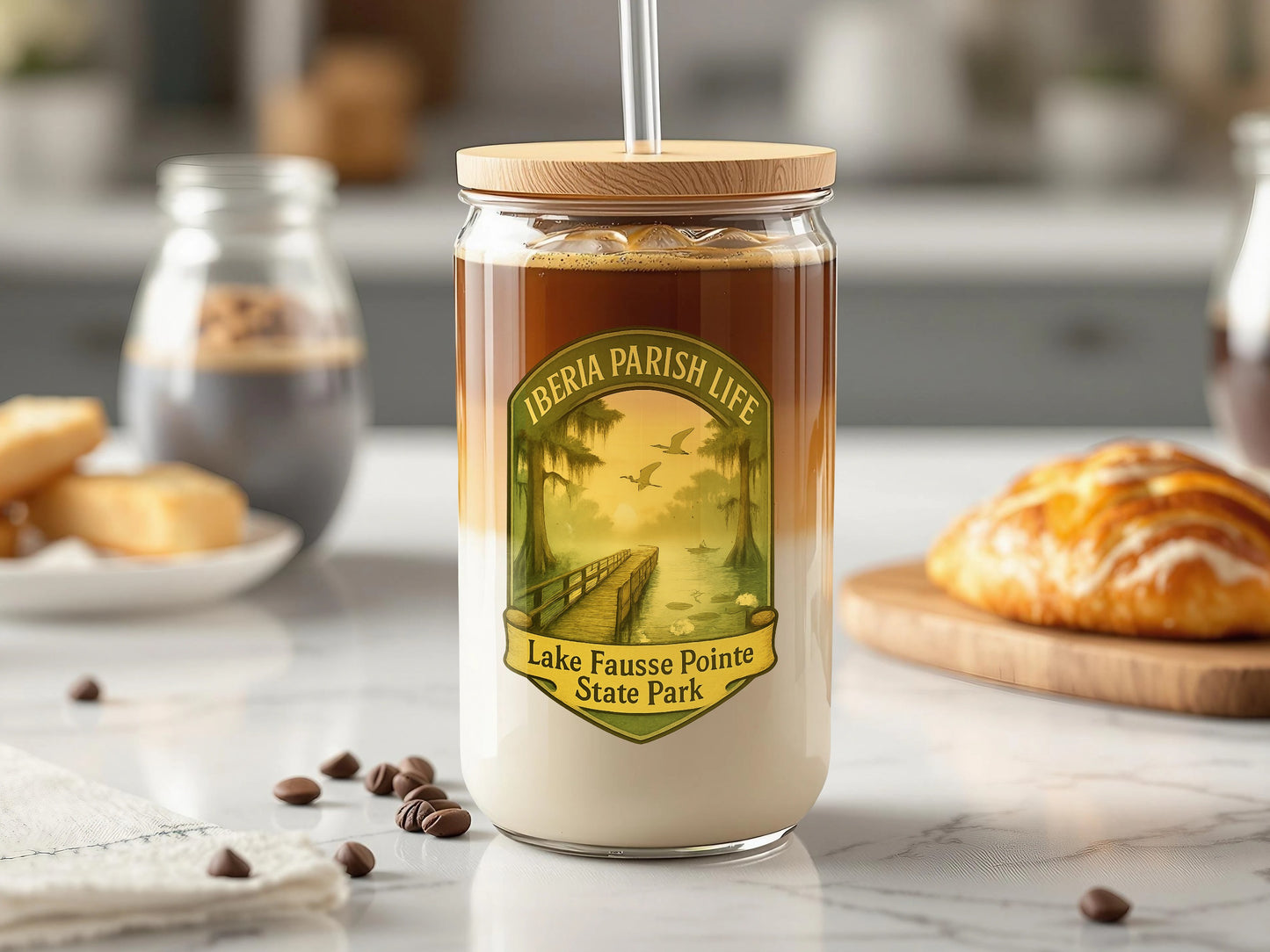 Lake Fausse Pointe State Park Illustrated Jar, Kitchen Decor, Unique Food Storage, Glass Container with Lid, Nature Scene, Gift Idea