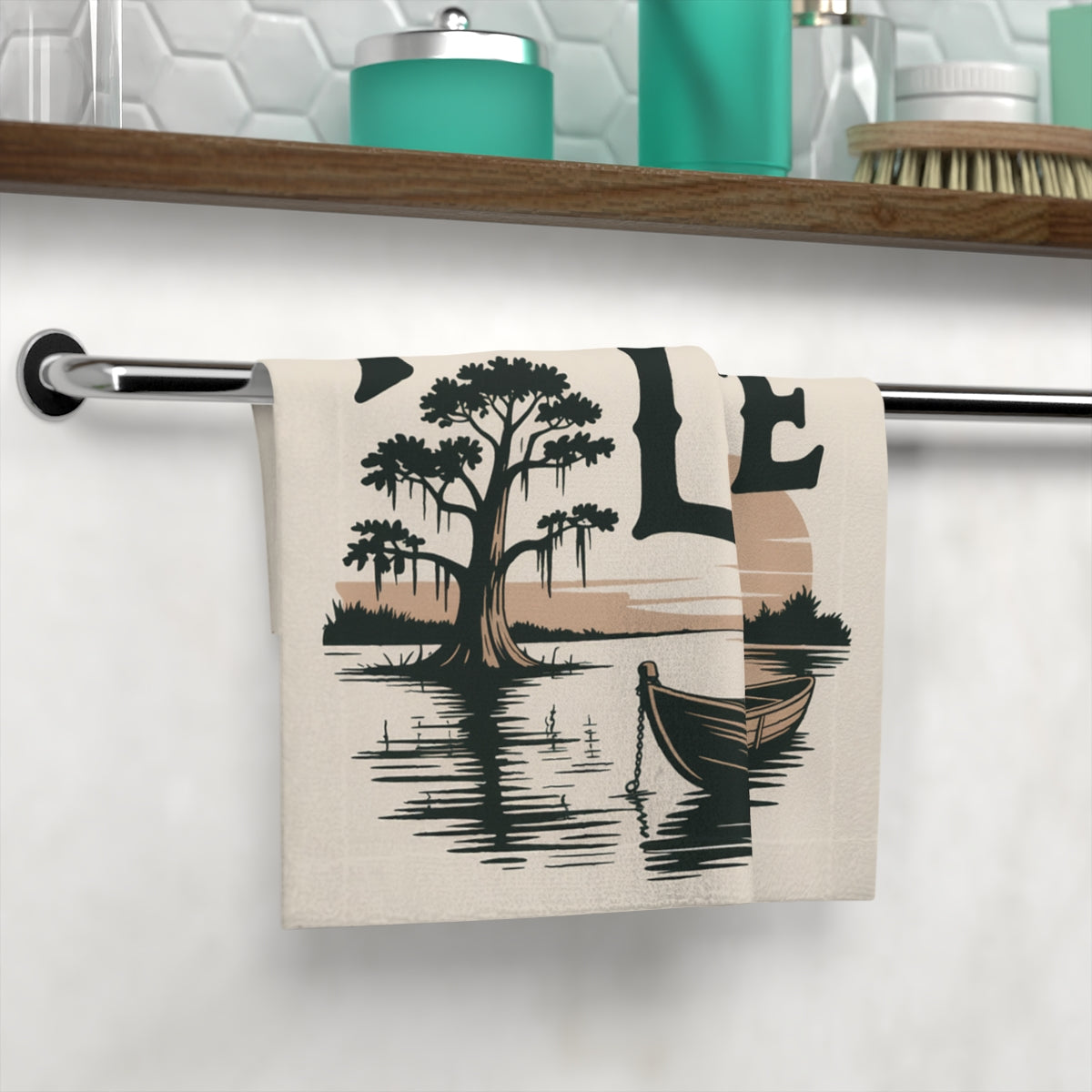 Scenic Lake View Towel with Boat and Tree product type