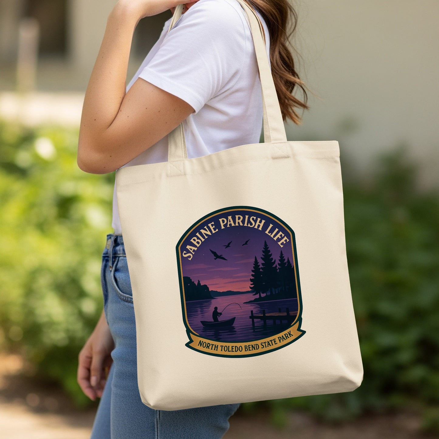 Sabine Parish Life Tote Bag, North Toledo Bend State Park Graphic, Canvas Shoulder Bag for Shopping and Travel