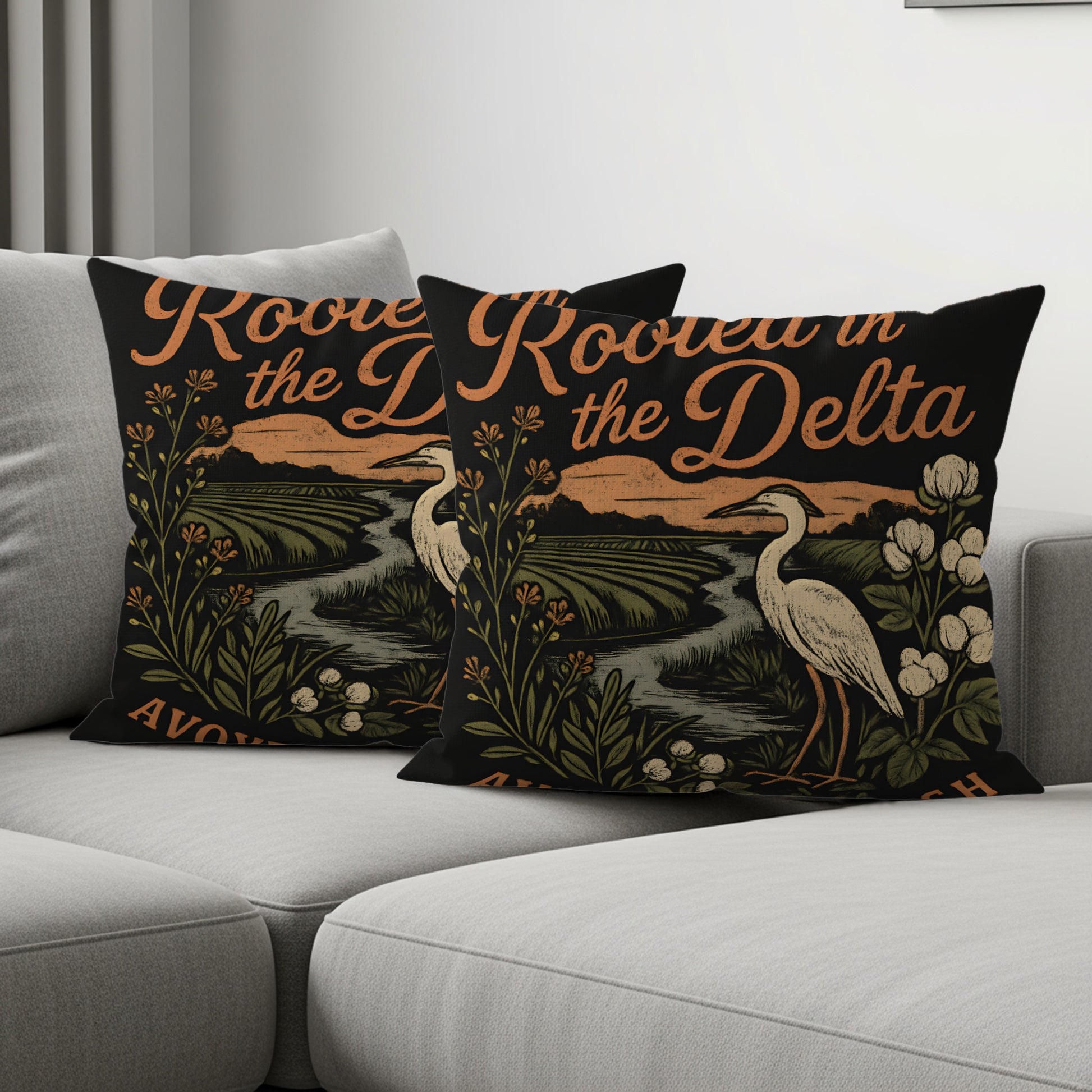 Rooted in the Delta Heron Print Throw Pillow product type