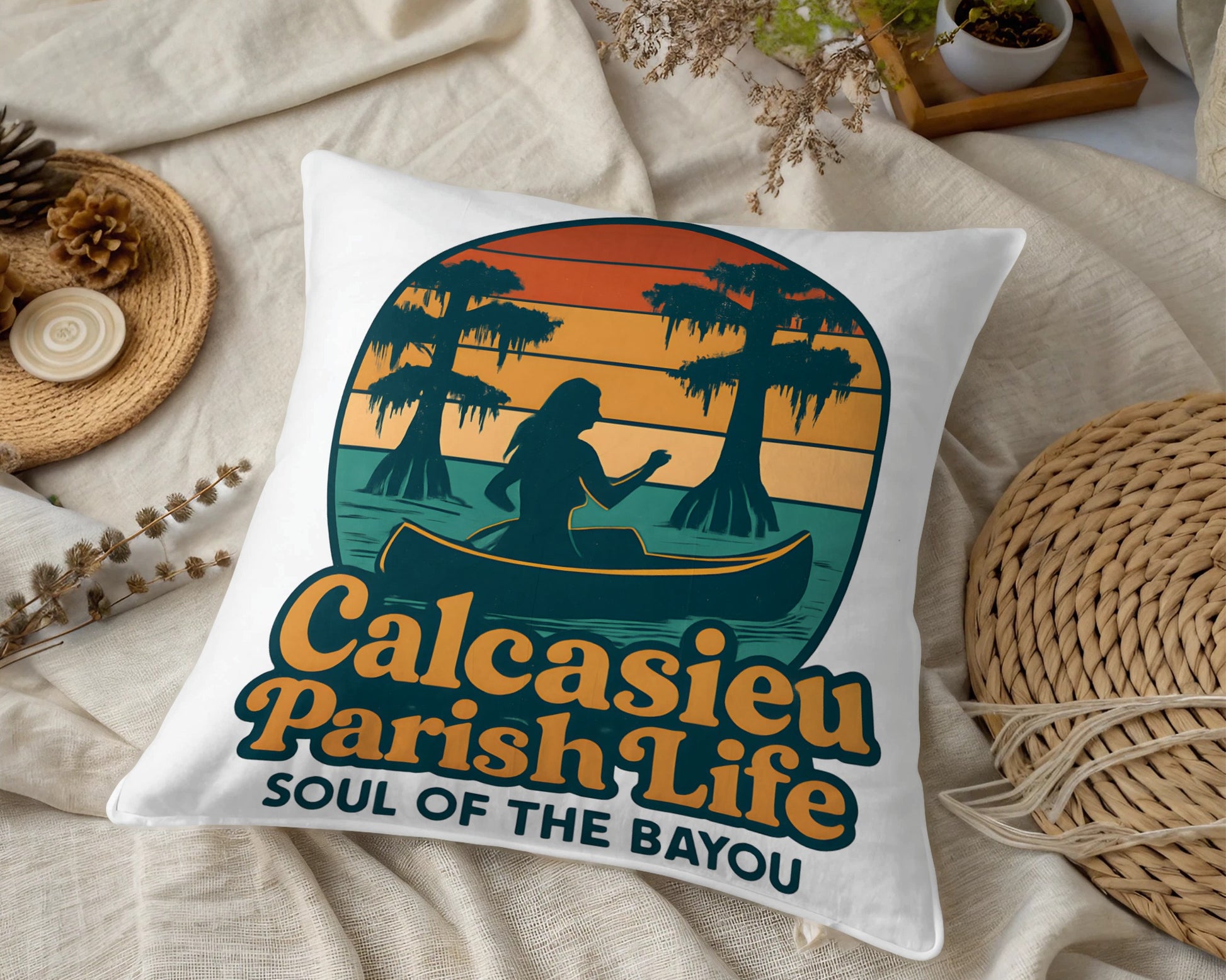 Calcasieu Parish Life Soul of the Bayou Throw Pillow, Tropical Sunset Graphic, Decorative Cushion for Home Decor