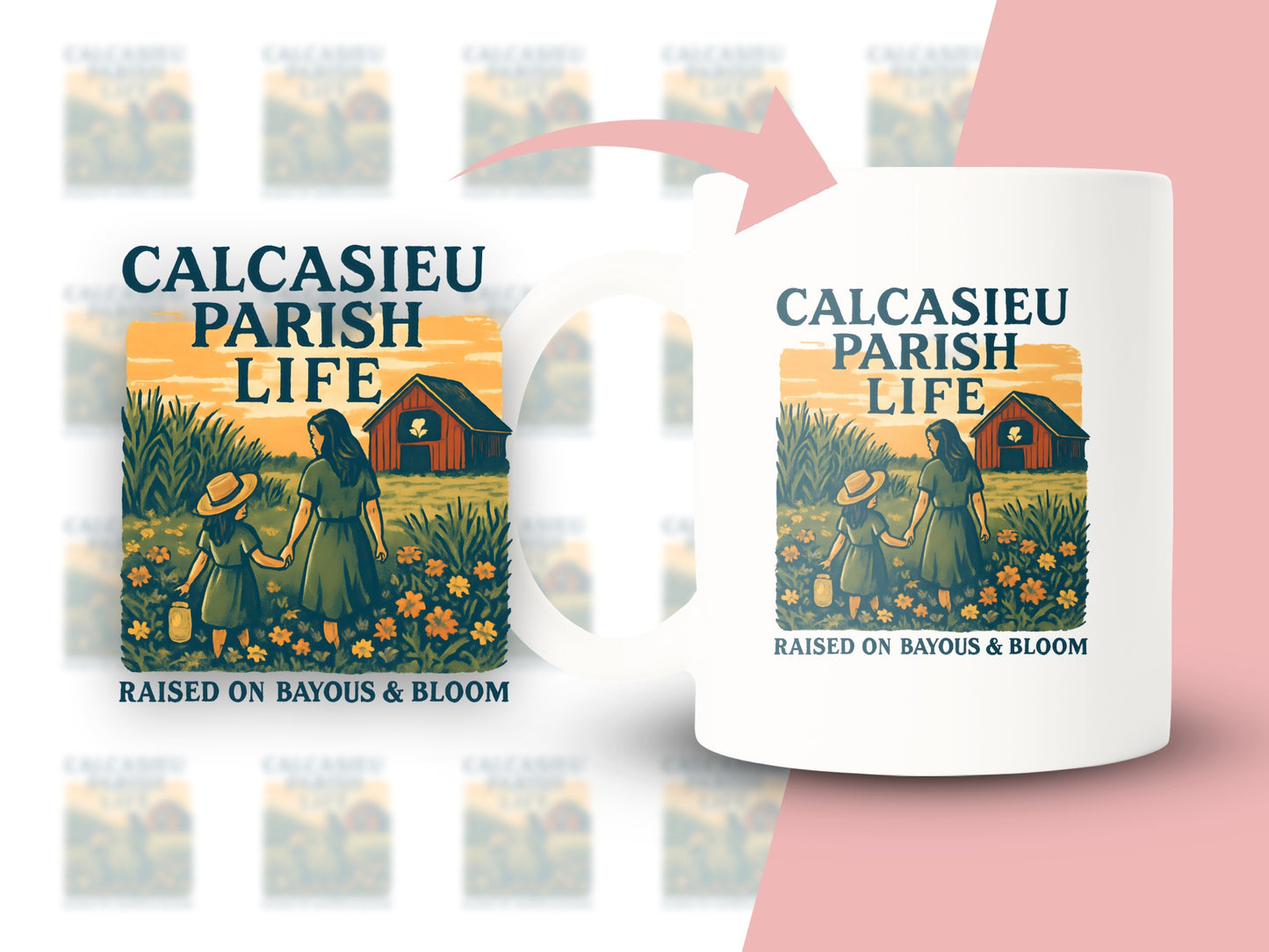 Calcasieu Parish Life Mug, Raised on Bayous and Bloom, Louisiana Art, Rustic Countryside Theme, Gift Idea