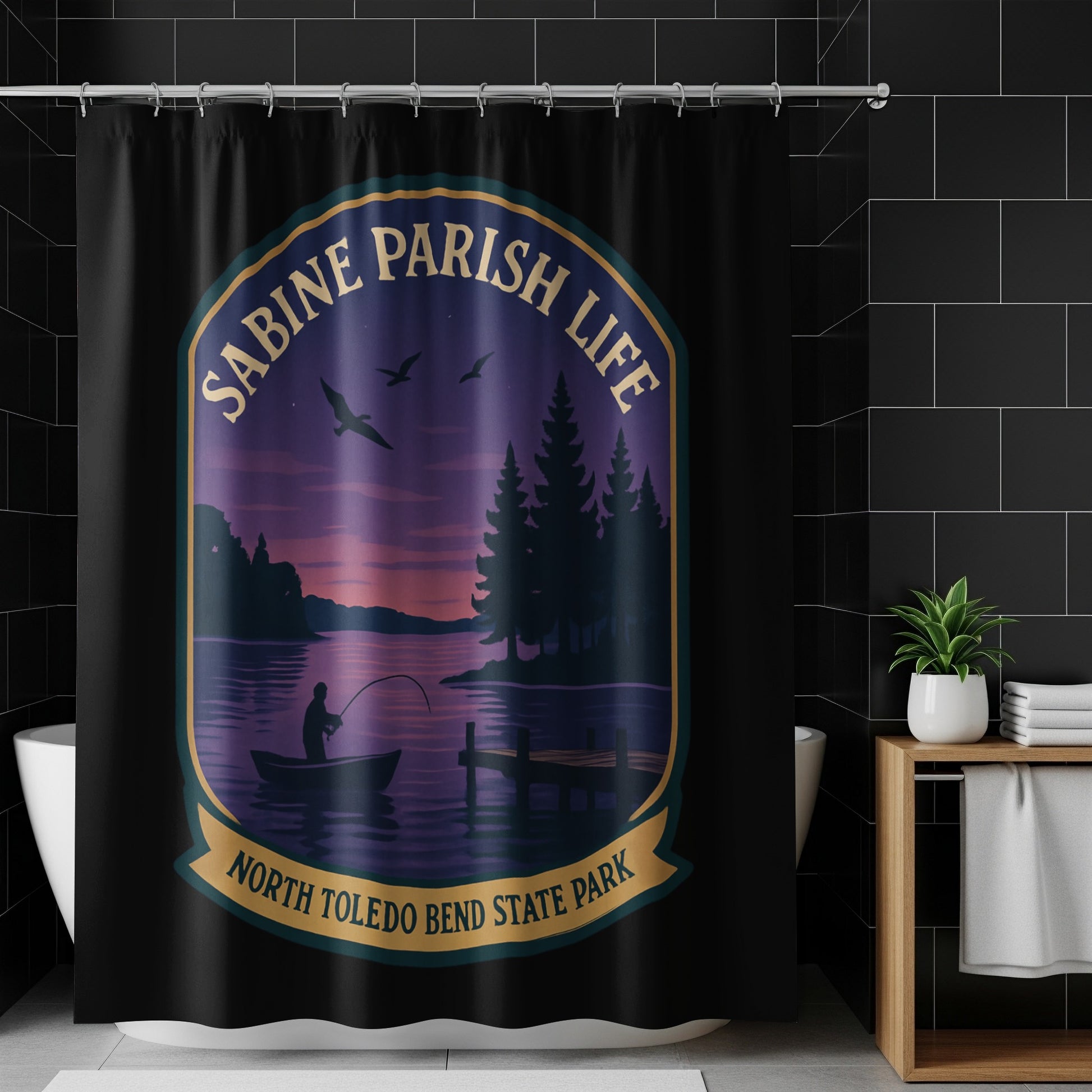 Sabine Parish Life Shower Curtain, North Toledo Bend State Park Design, Lake Scene Bathroom Decor, Purple Sunset Fishing Motif