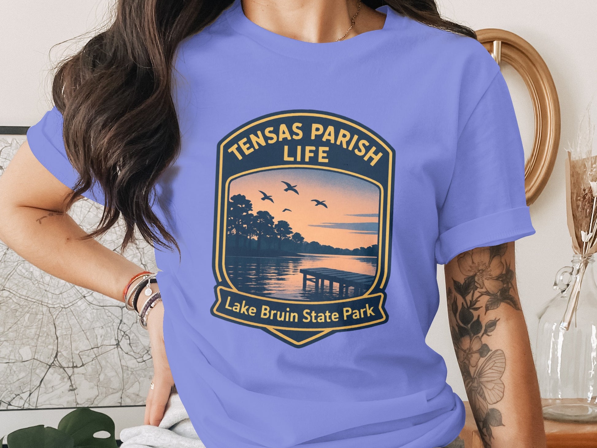Tensas Parish Life Graphic T-Shirt, Lake Bruin State Park Sunset Tee, Casual Summer Fashion Top, Unique Gift Idea