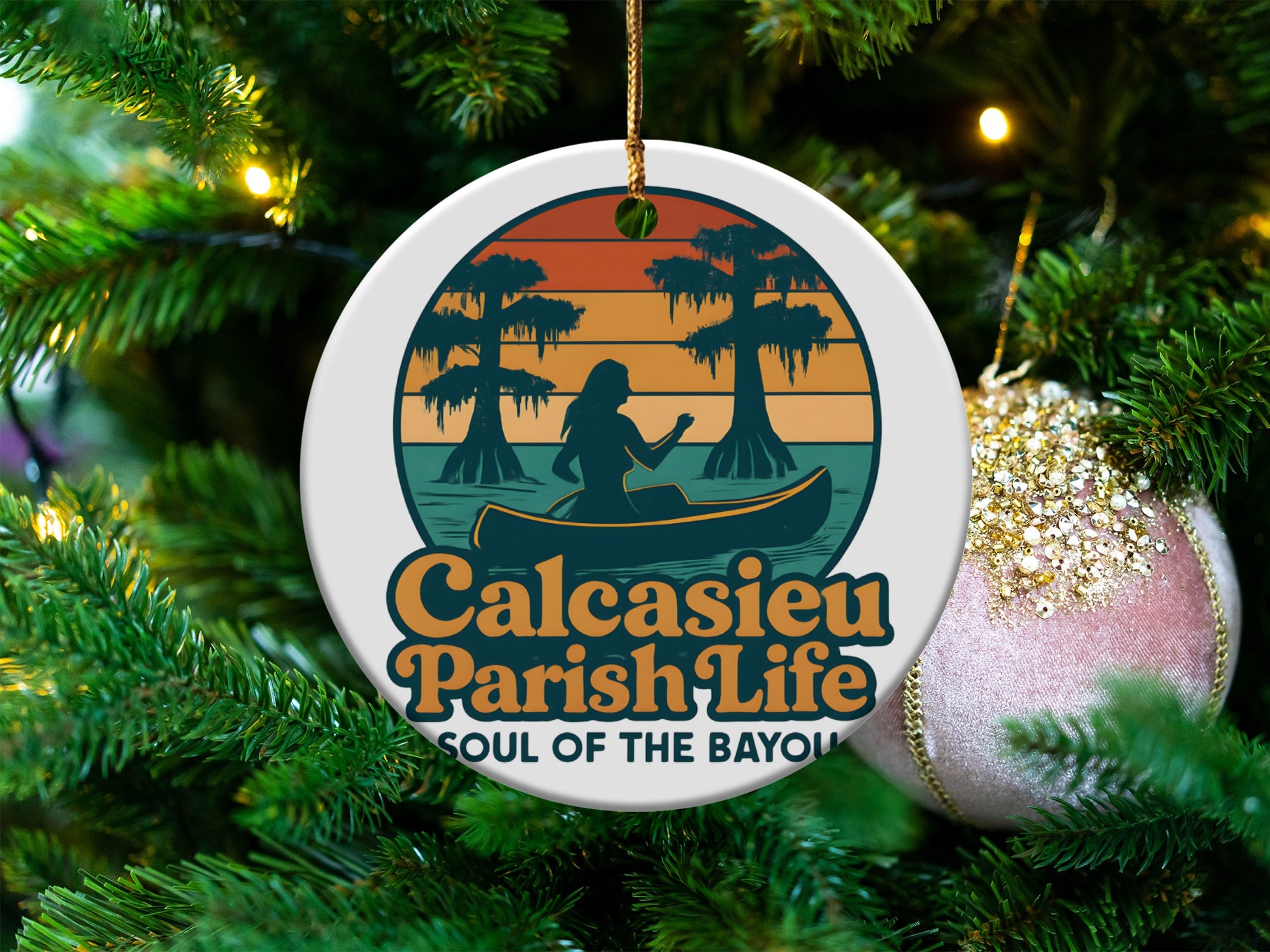 Calcasieu Parish Life Bayou Themed Christmas Ornament, Paddle Canoe Sunset Design, Holiday Tree Decoration, Unique Louisiana Gift