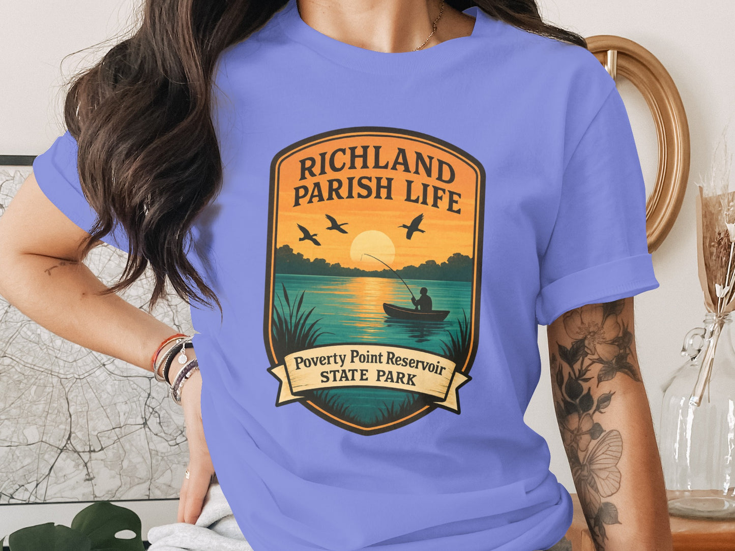 Richland Parish Life T-Shirt, Poverty Point Reservoir State Park Sunset, Fishing Lake Design, Casual Wear Cotton Tee
