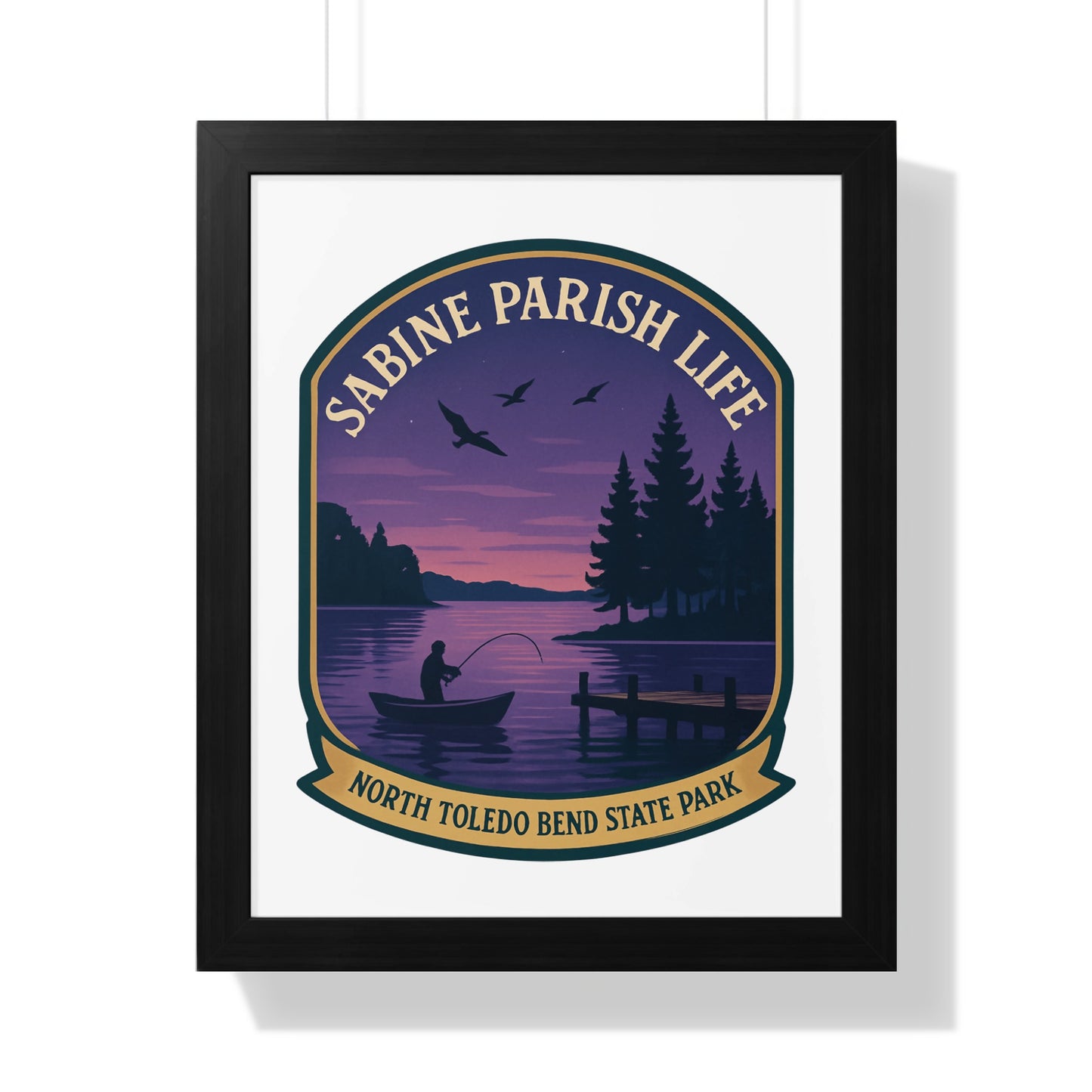 Sabine Parish Life North Toledo Bend State Park Poster, Vintage Style Wall Art, Lake Sunset Scenery with Canoe and Birds Decor