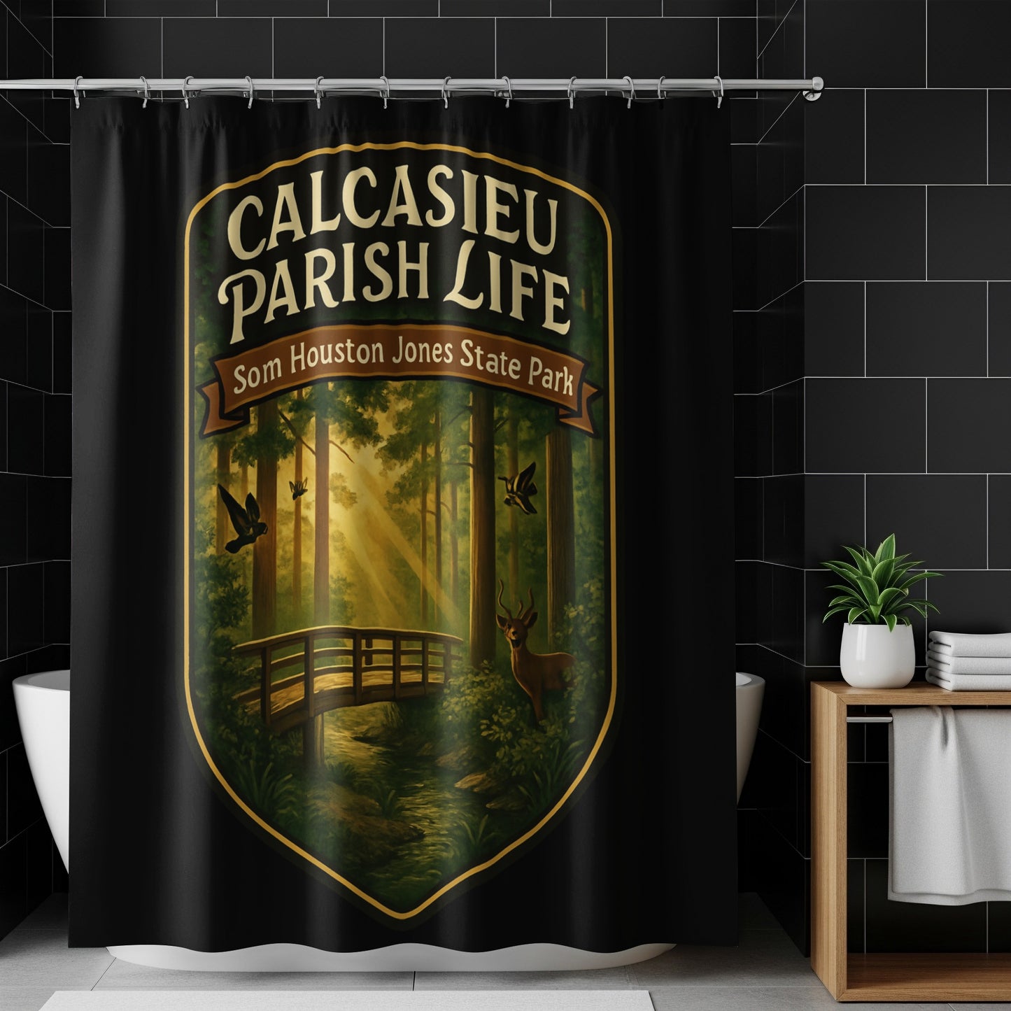 Calcasieu Parish Life Shower Curtain, Forest Scene, Vintage Park Design, Rustic Home Decor, Bathroom Accessory, Unique Wilderness Graphic