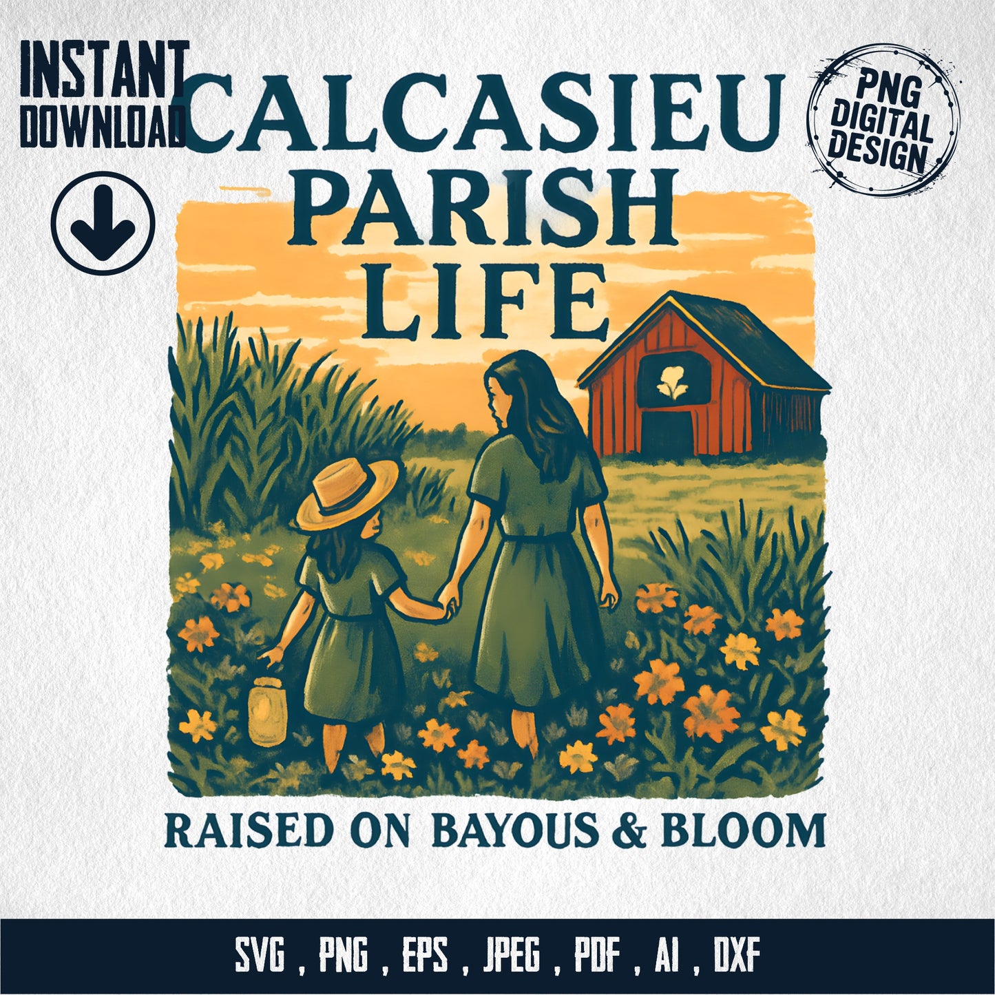 Calcasieu Parish Life Vintage Style Digital Art, Rustic Southern Landscape svg, png, eps, jpeg, pdf, ai, dxf Instant Download